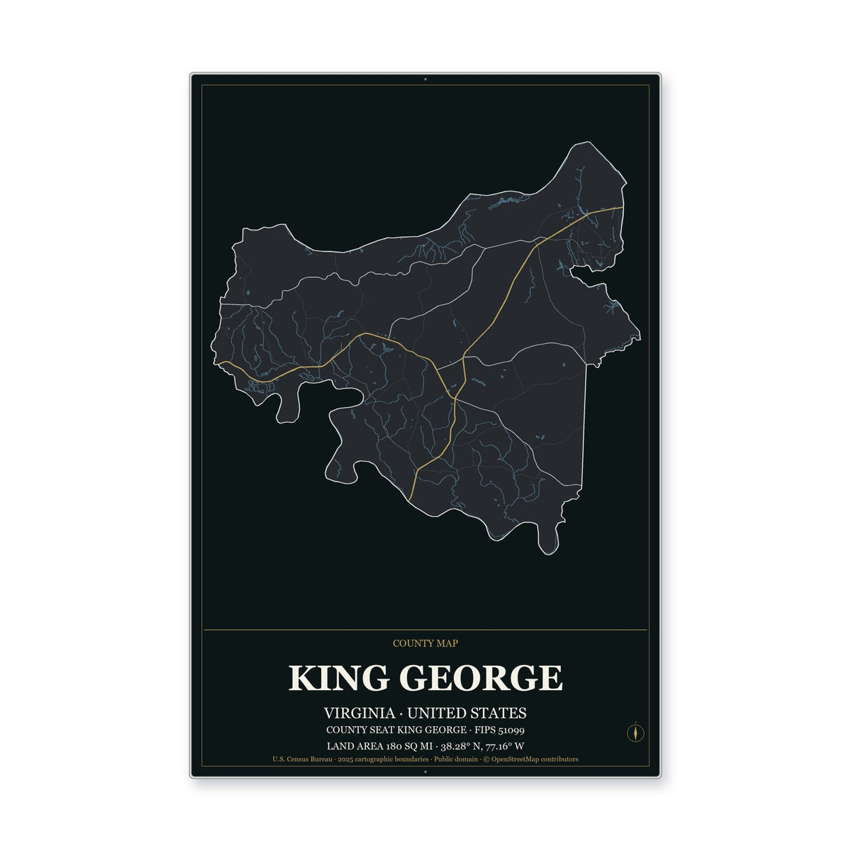 King George County, Virginia Map Aluminum Sign in Metropolitan Noir style
