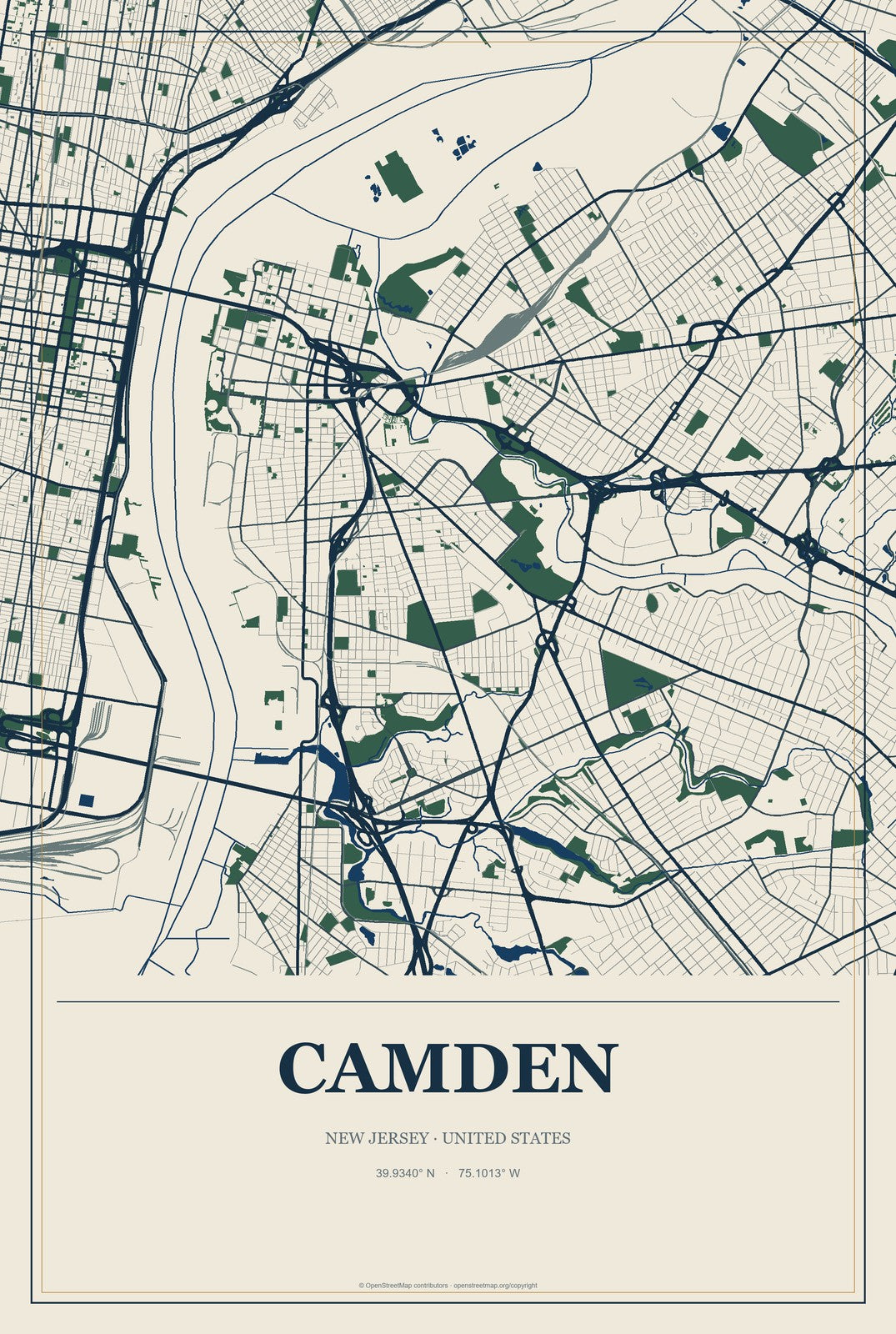 Camden, New Jersey City Map Aluminum Sign in Coastal Cutout style