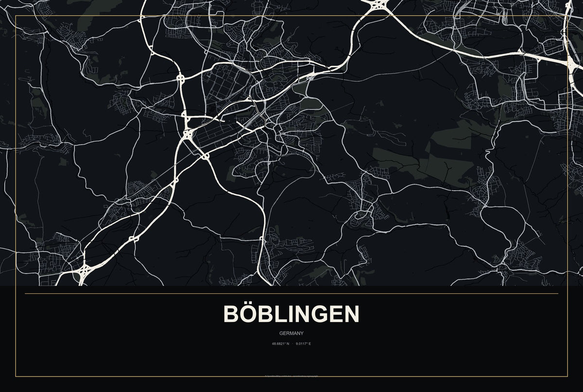 Böblingen, Germany City Map Aluminum Sign in Metropolitan Noir style
