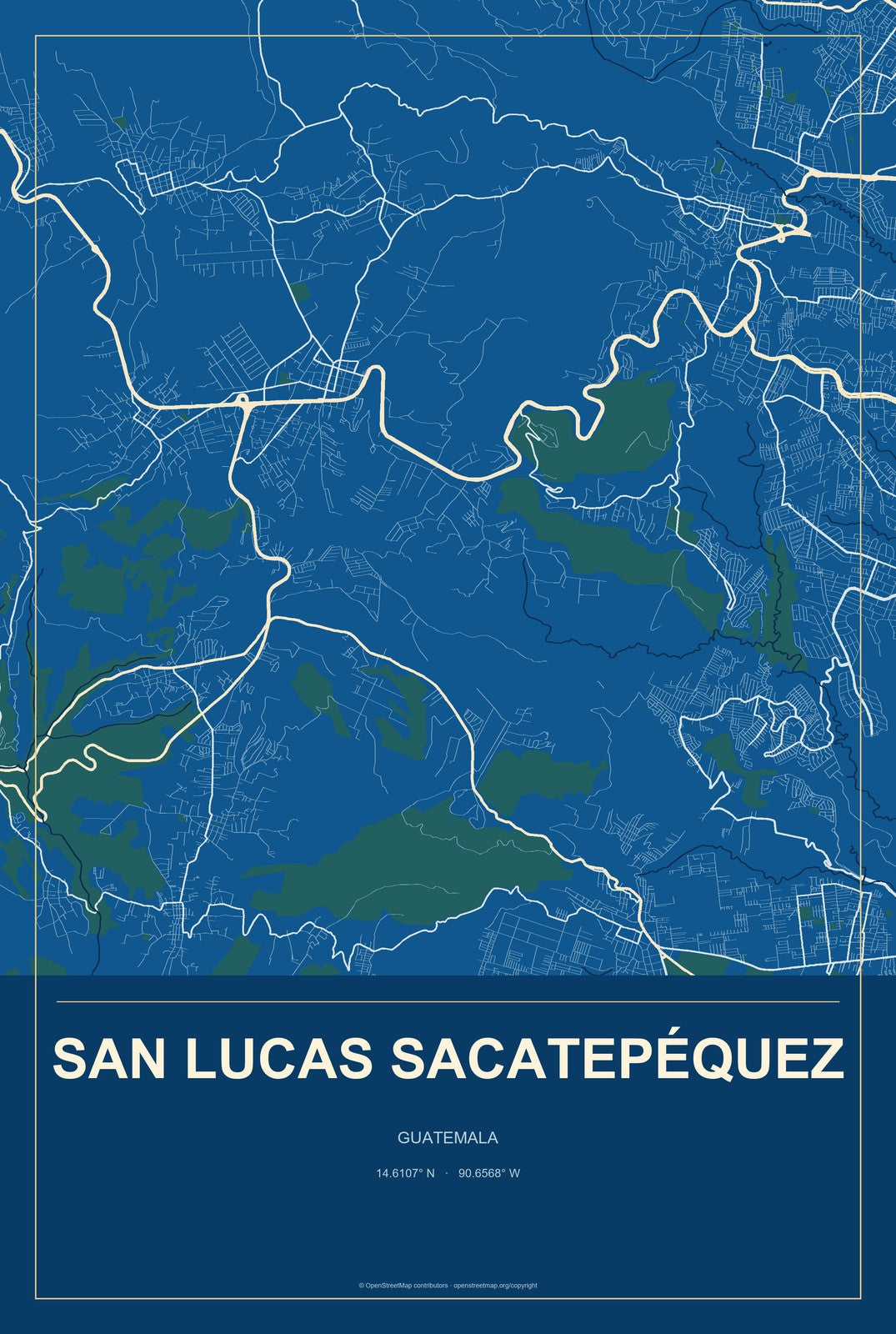 San Lucas Sacatepéquez, Guatemala City Map Aluminum Sign in Harbor Cobalt style