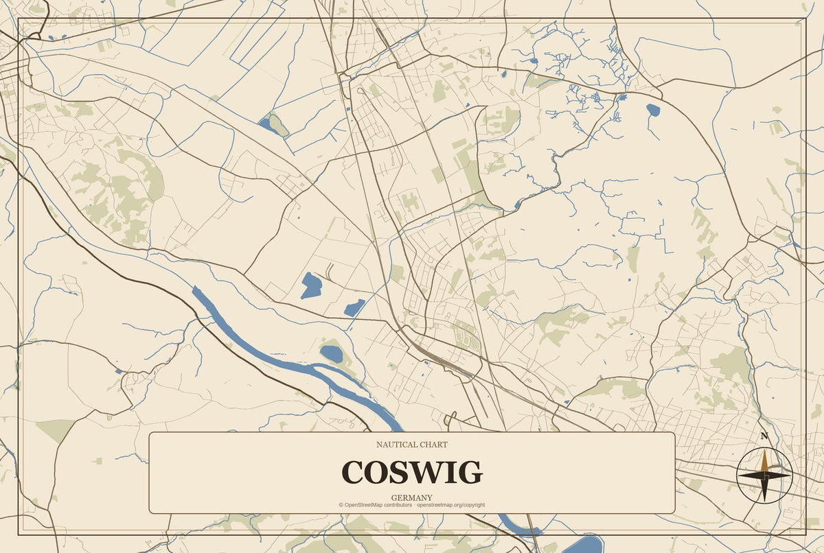 Coswig, Germany City Map Aluminum Sign in Heritage Nautical style
