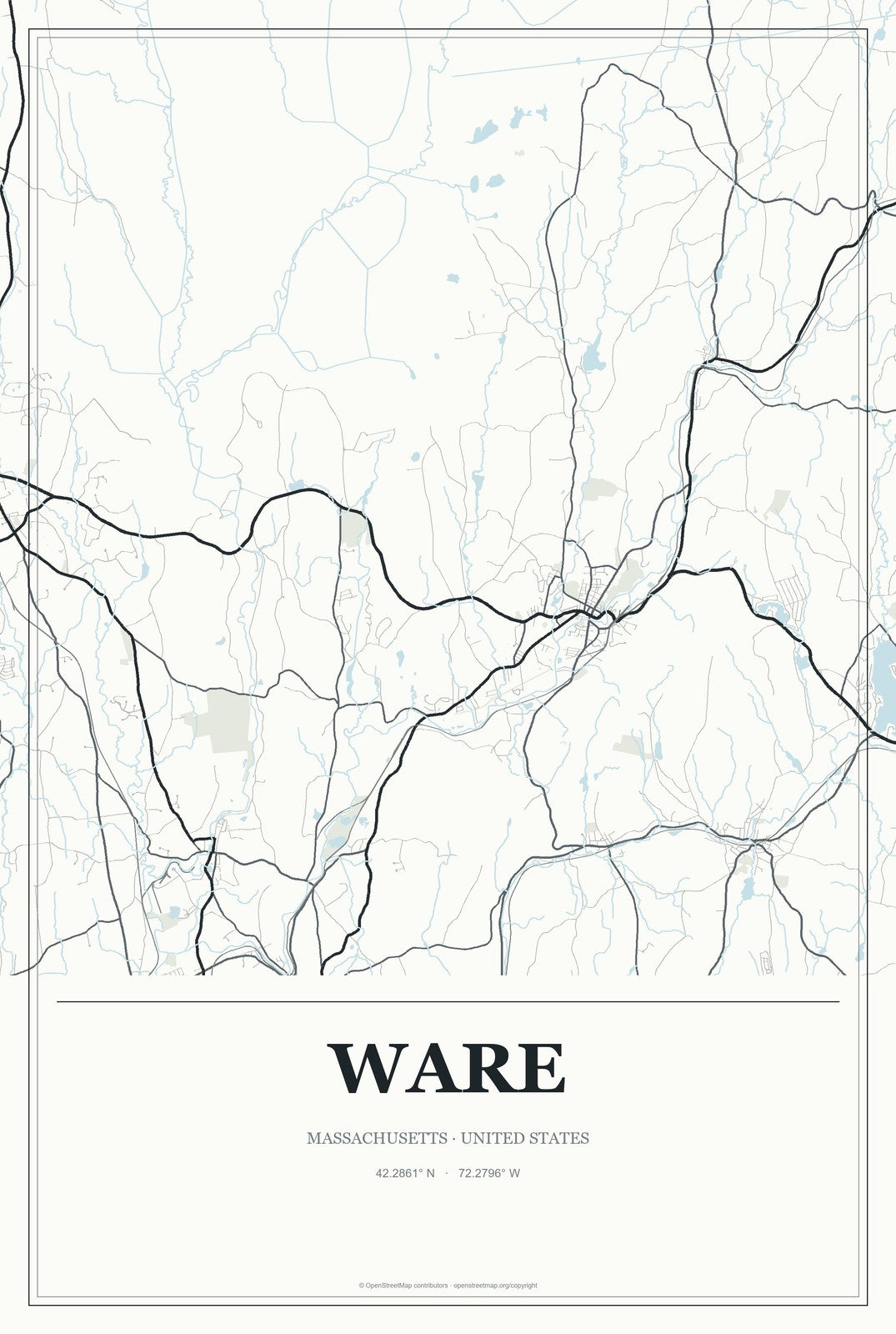 Ware, Massachusetts City Map Aluminum Sign in Gallery Air style