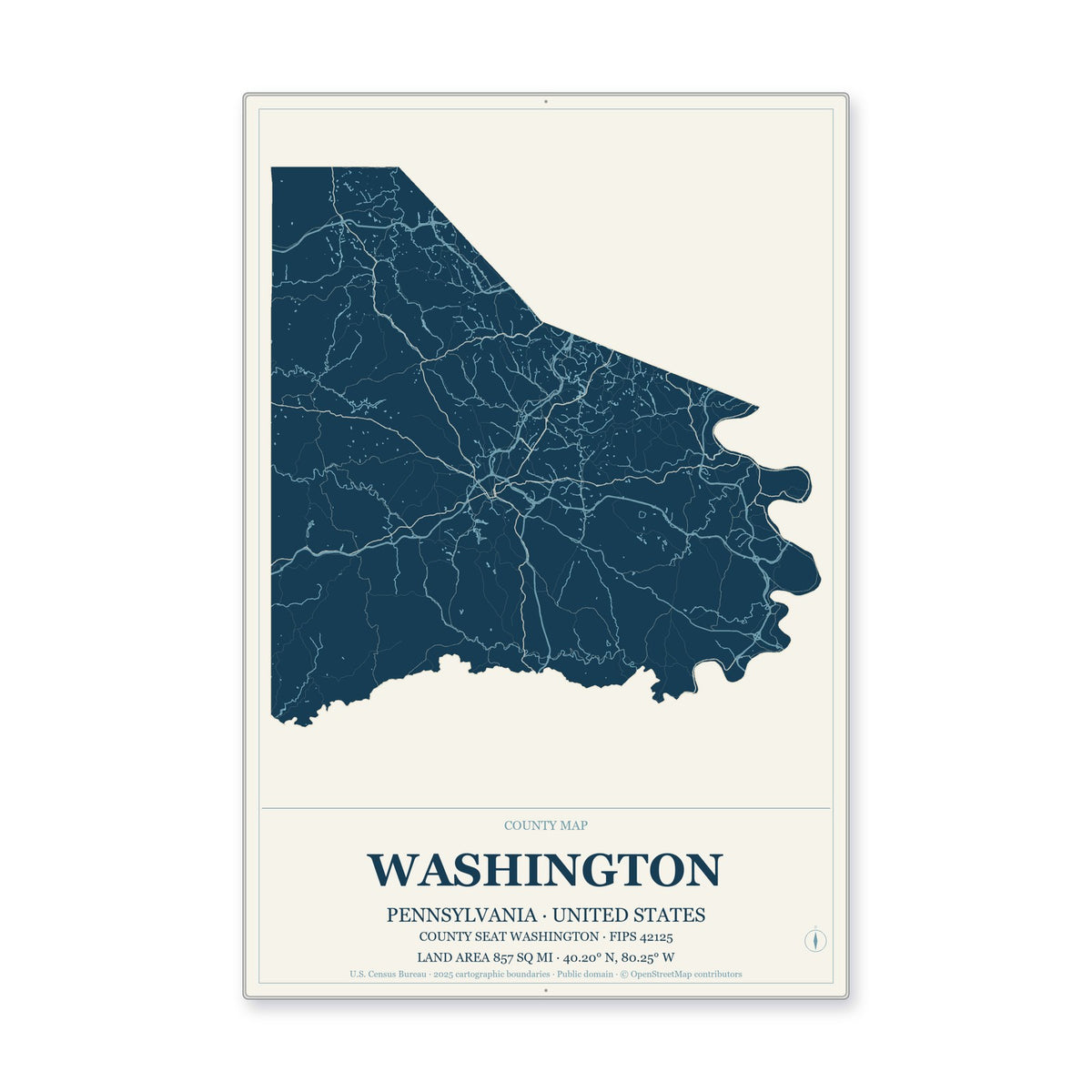 Washington County, Pennsylvania Map Aluminum Sign in Coastal Cutout style