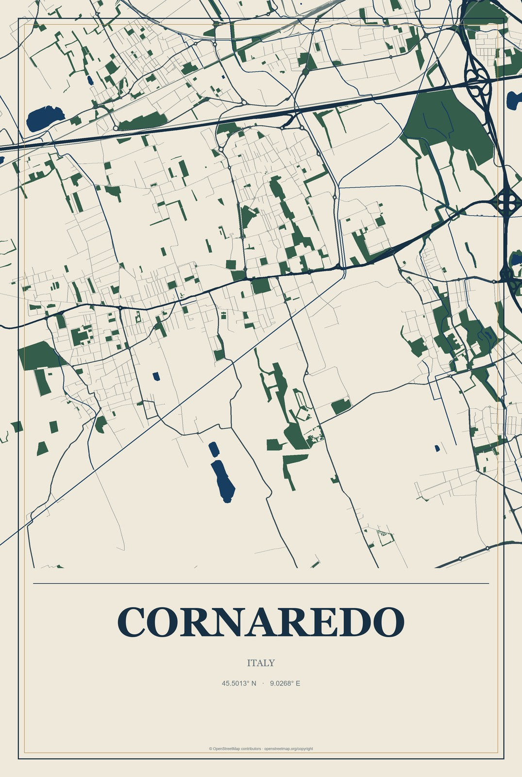 Cornaredo, Italy City Map Aluminum Sign in Coastal Cutout style