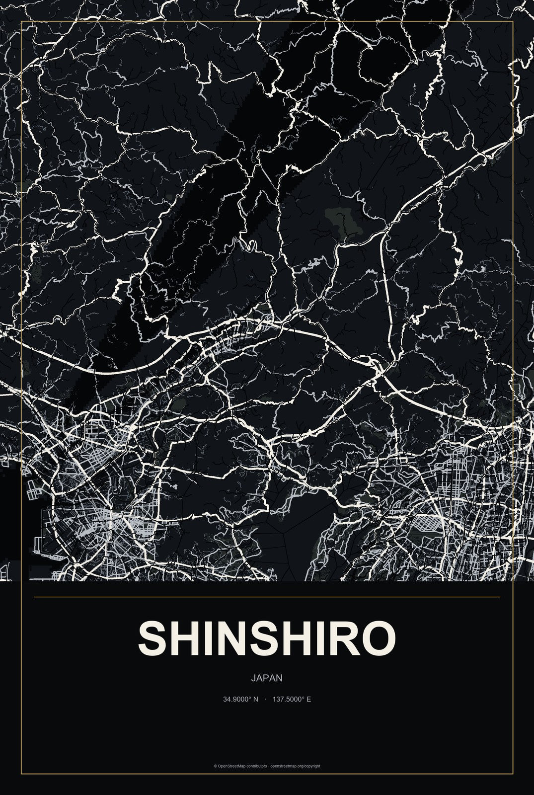 Shinshiro, Japan City Map Aluminum Sign in Metropolitan Noir style