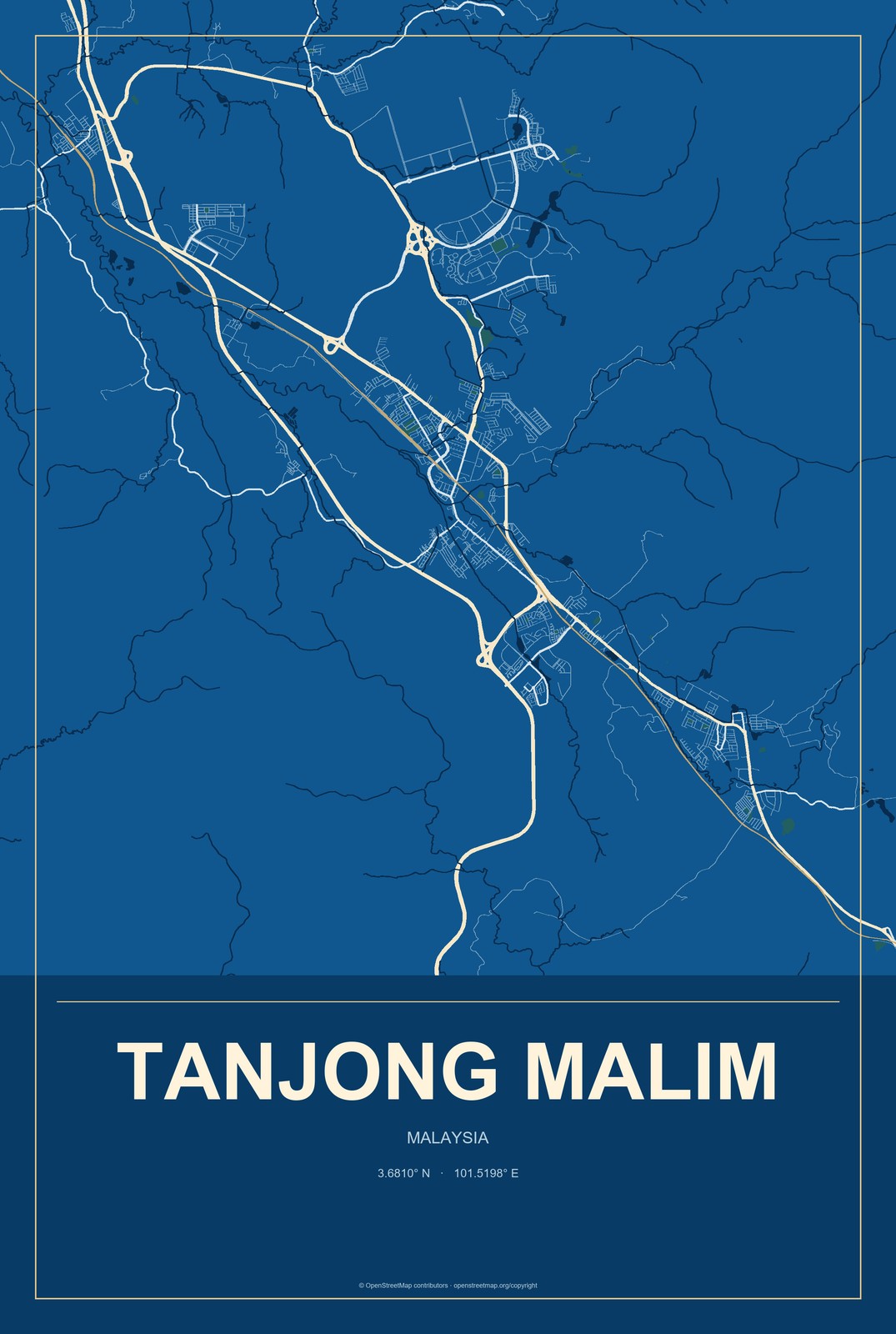 Tanjong Malim, Malaysia City Map Aluminum Sign in Harbor Cobalt style