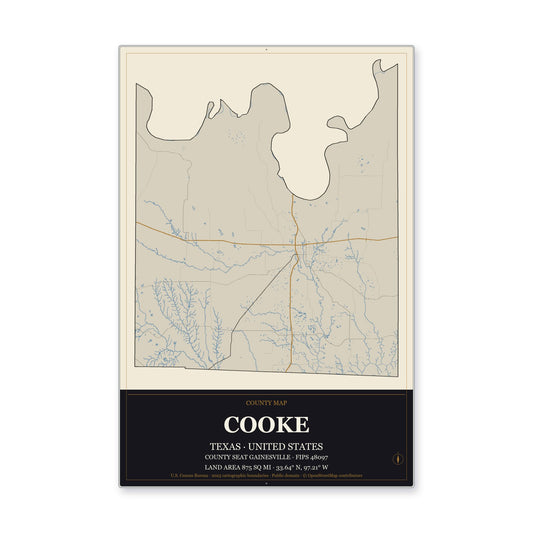 Cooke County, Texas Map Aluminum Sign in Museum Plaque style
