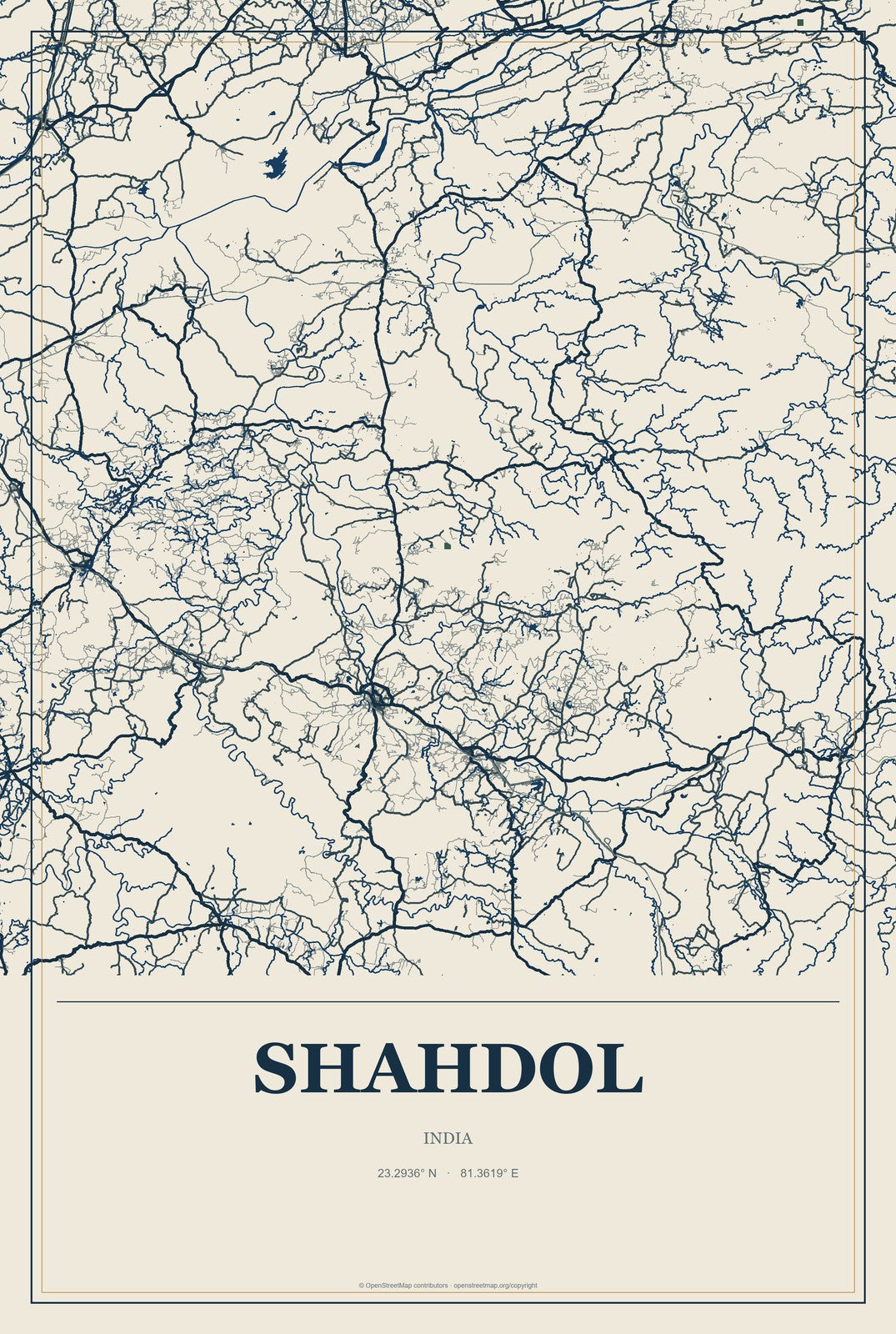 Shahdol, India City Map Aluminum Sign in Coastal Cutout style