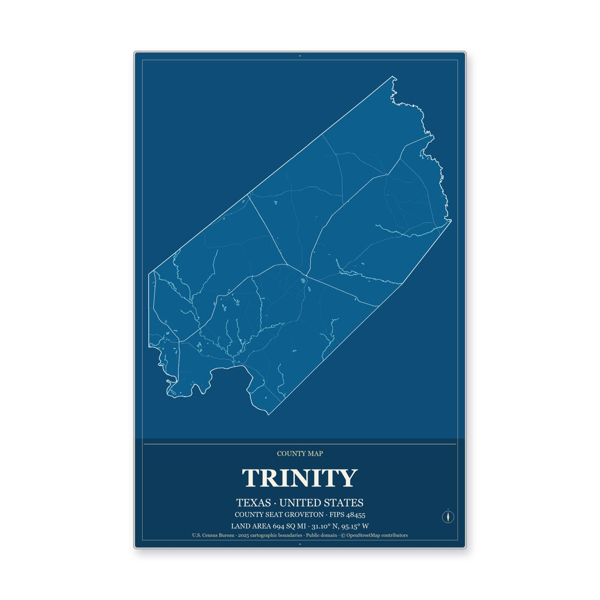 Trinity County, Texas Map Aluminum Sign in Harbor Cobalt style