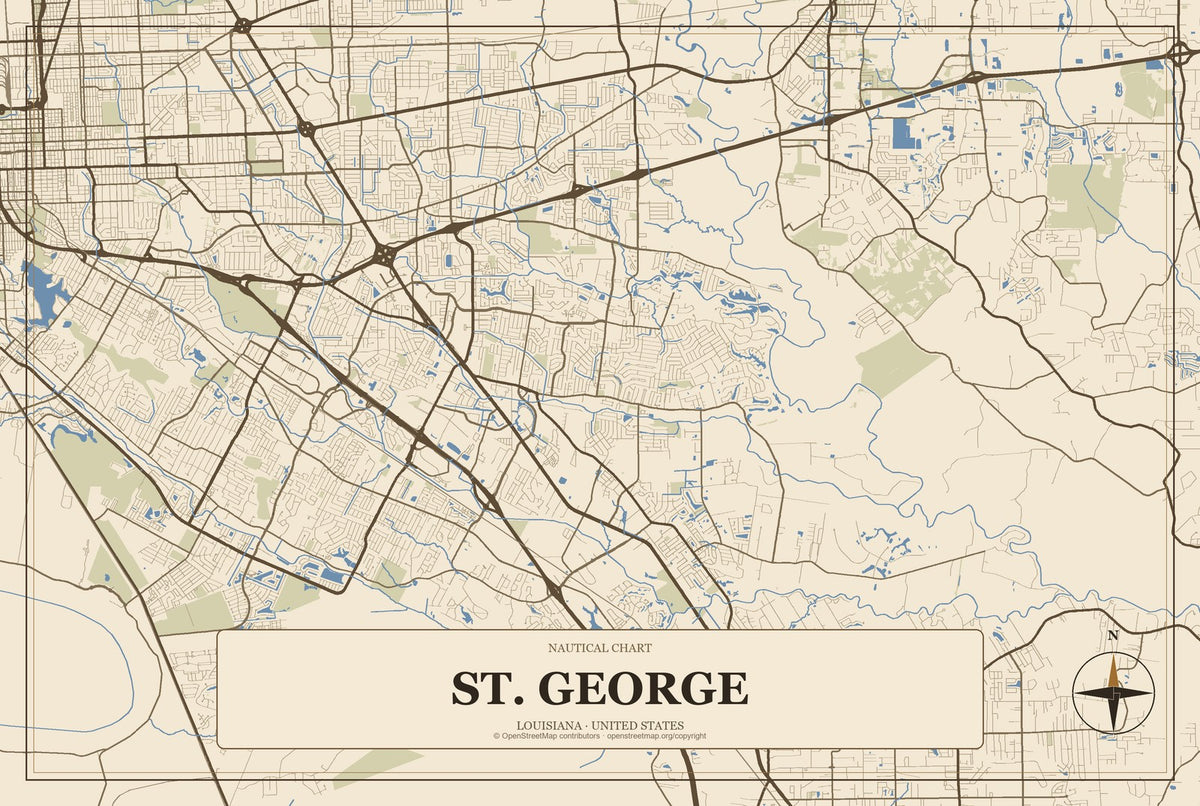 St. George, Louisiana City Map Aluminum Sign in Heritage Nautical style