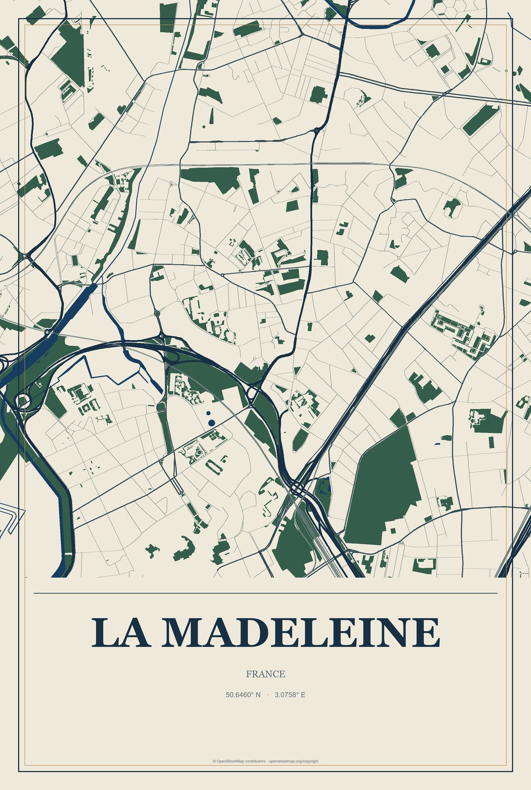 La Madeleine, France City Map Aluminum Sign in Coastal Cutout style
