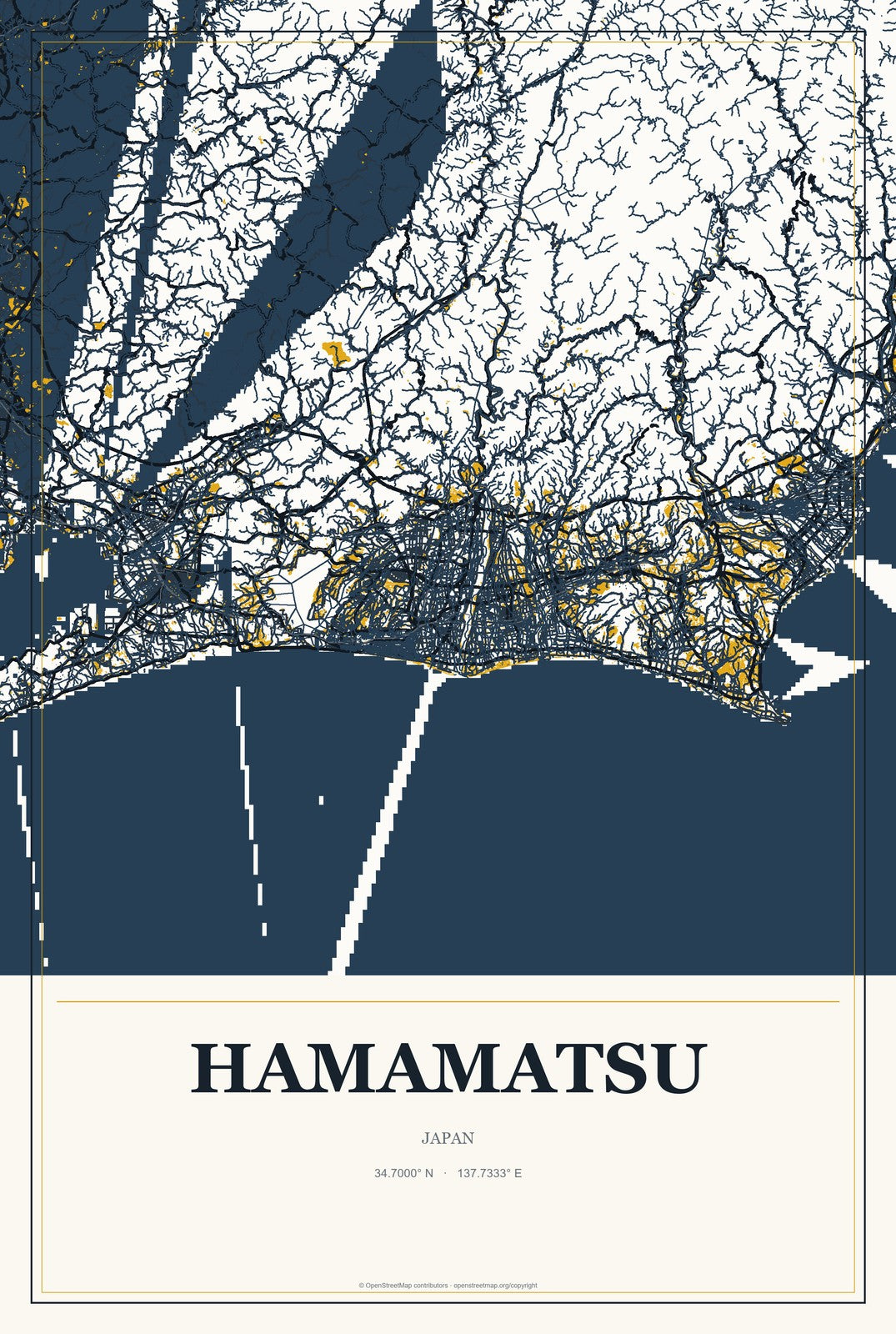 Hamamatsu, Japan City Map Aluminum Sign in Citrine Modern style