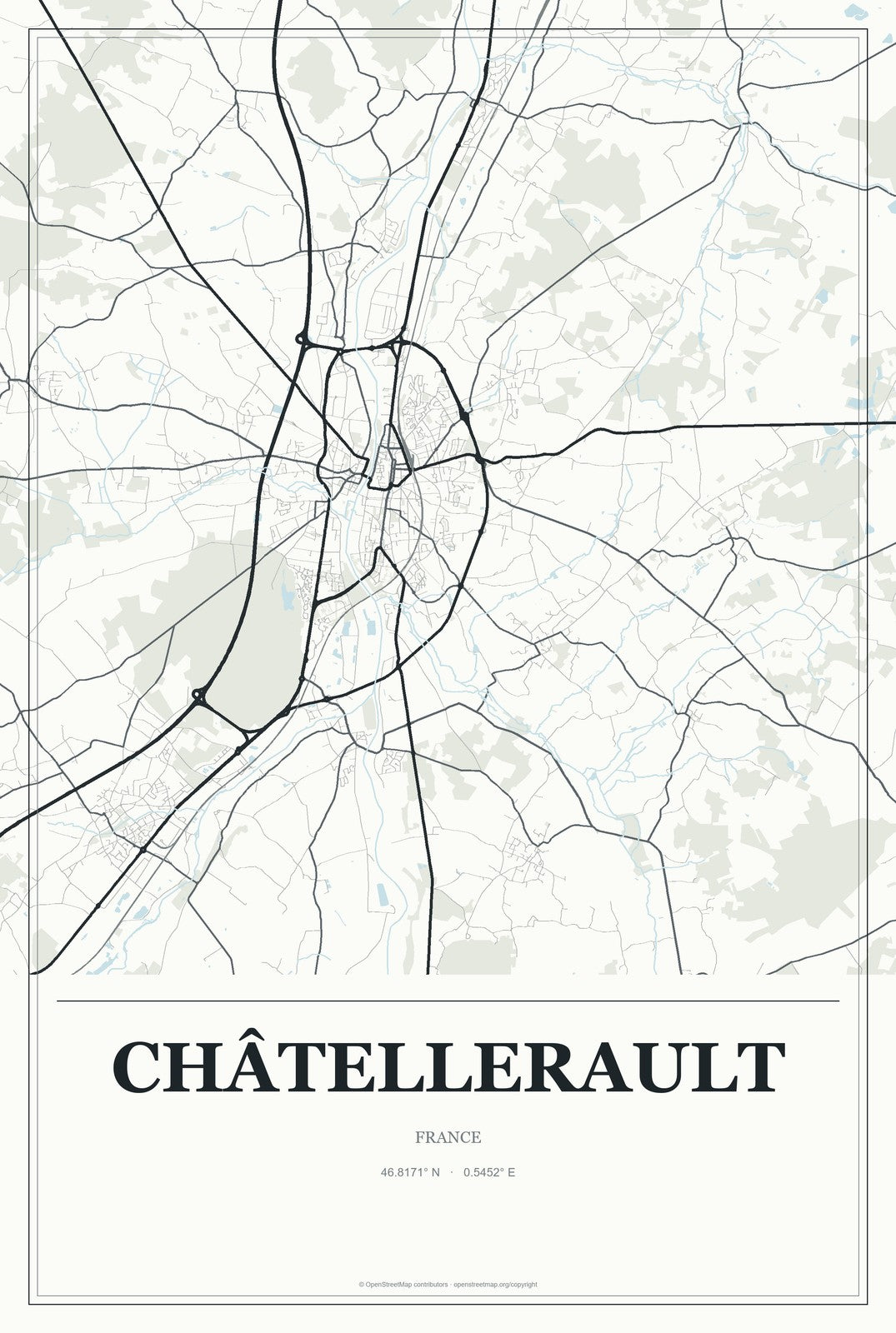 Châtellerault, France City Map Aluminum Sign in Gallery Air style