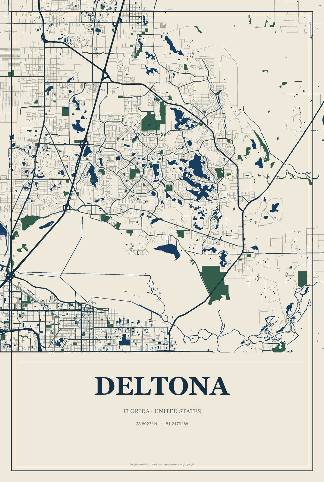 Deltona, Florida City Map Aluminum Sign in Coastal Cutout style