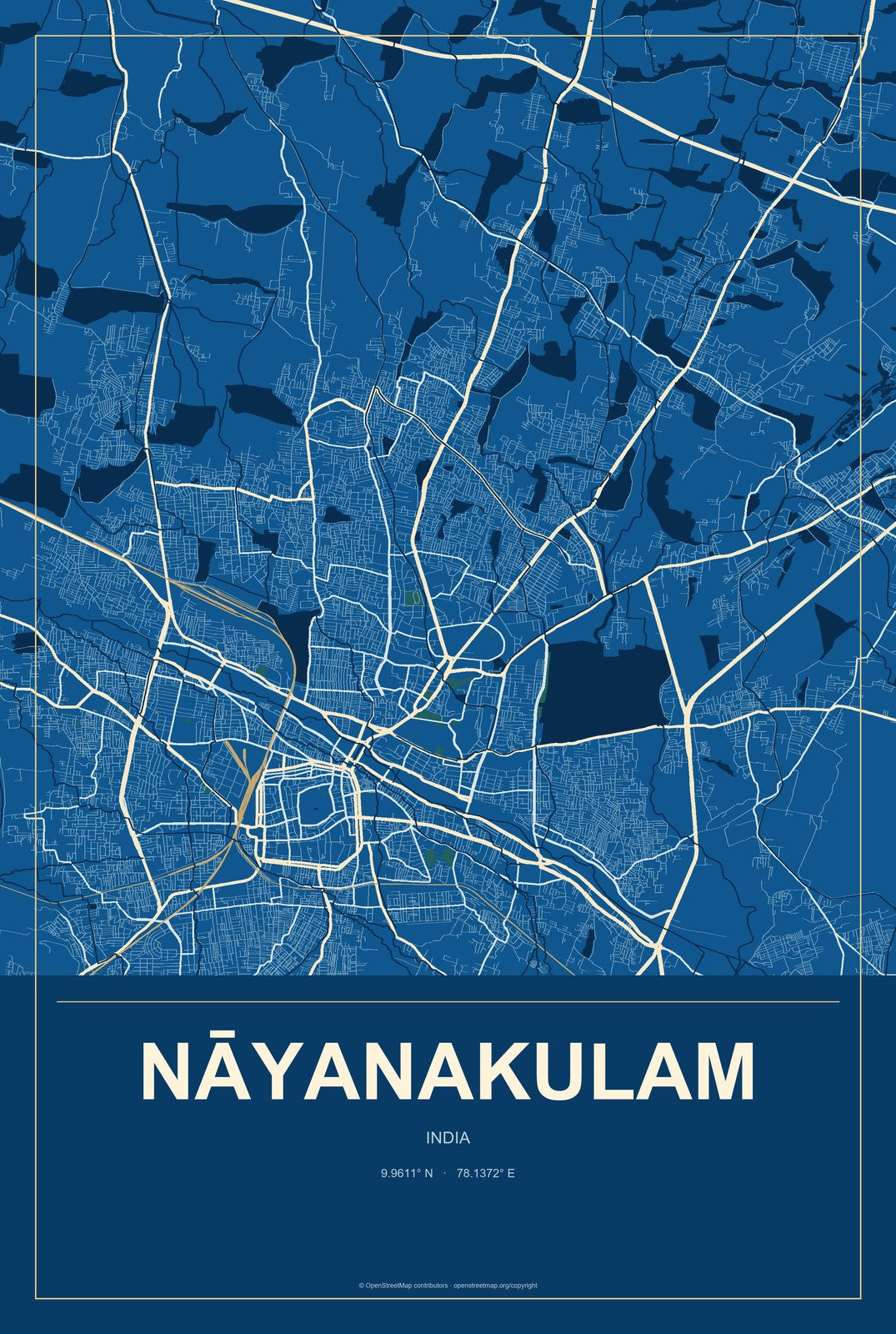 Nāyanakulam, India City Map Aluminum Sign in Harbor Cobalt style