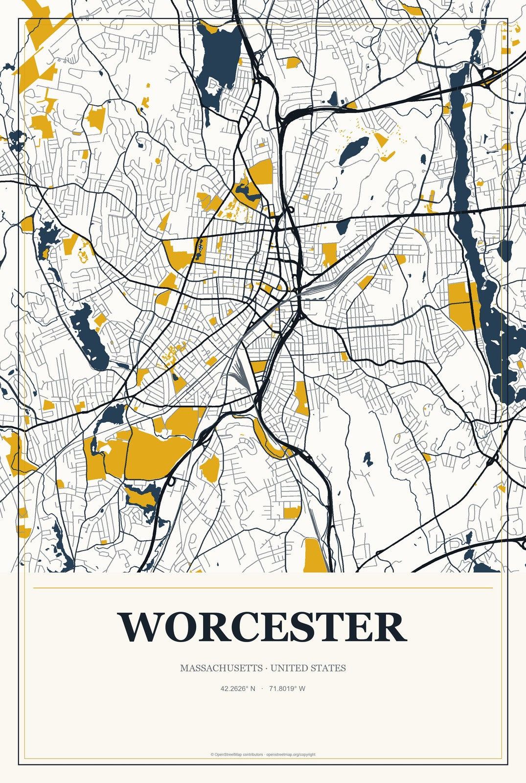 Worcester, Massachusetts City Map Aluminum Sign in Citrine Modern style