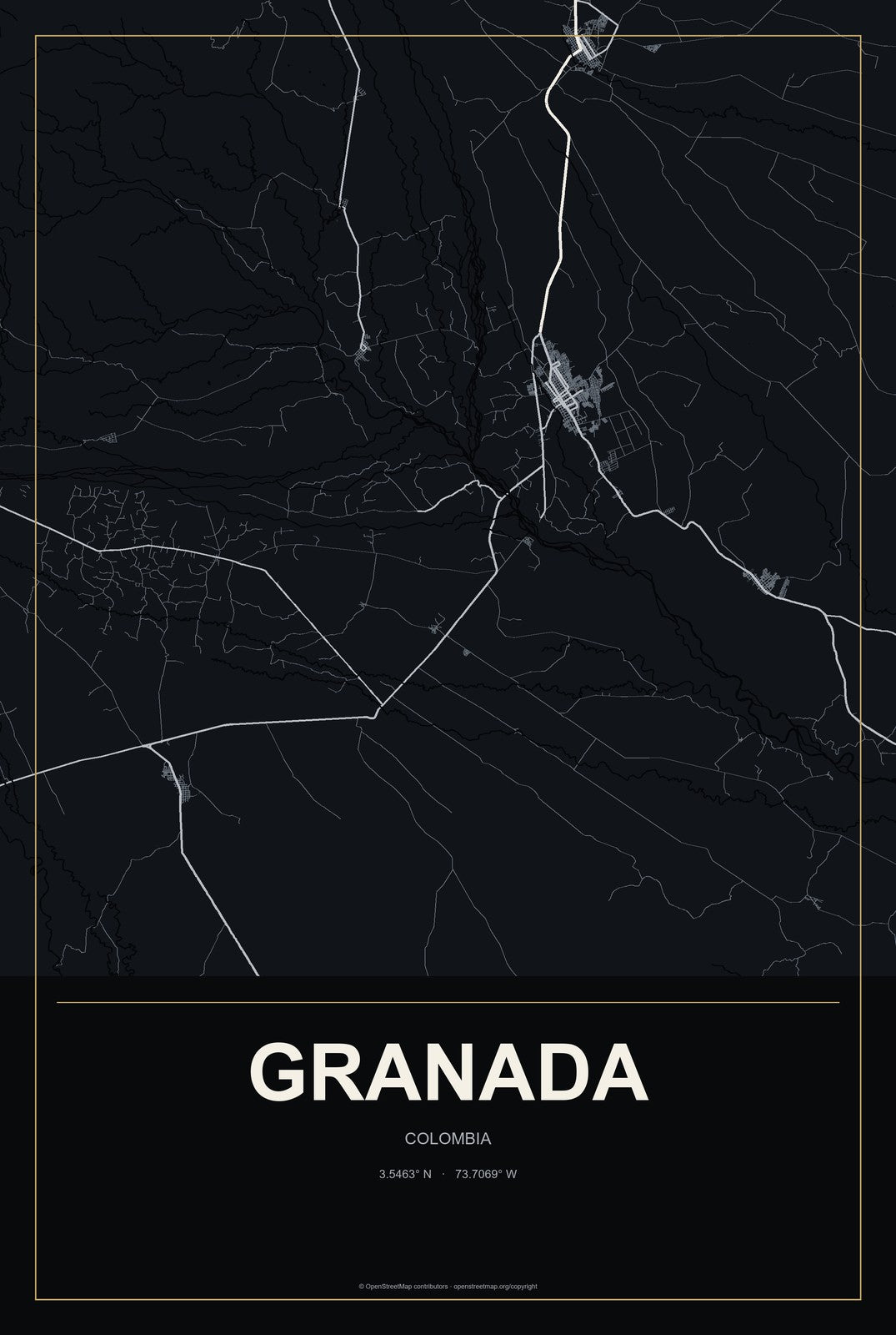Granada, Colombia City Map Aluminum Sign in Metropolitan Noir style