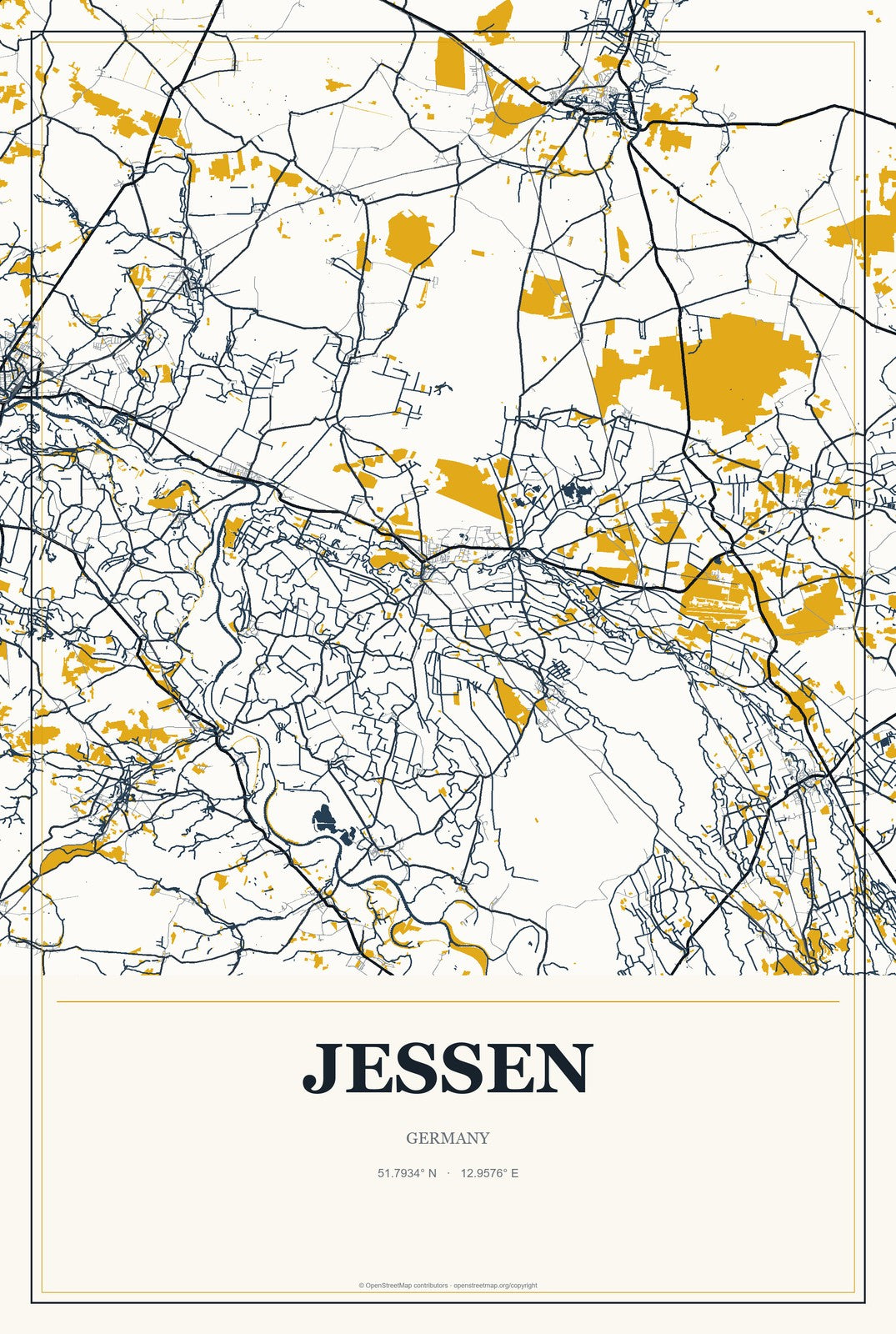 Jessen, Germany City Map Aluminum Sign in Citrine Modern style