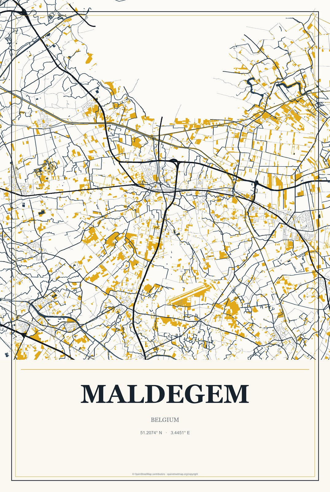 Maldegem, Belgium City Map Aluminum Sign in Citrine Modern style