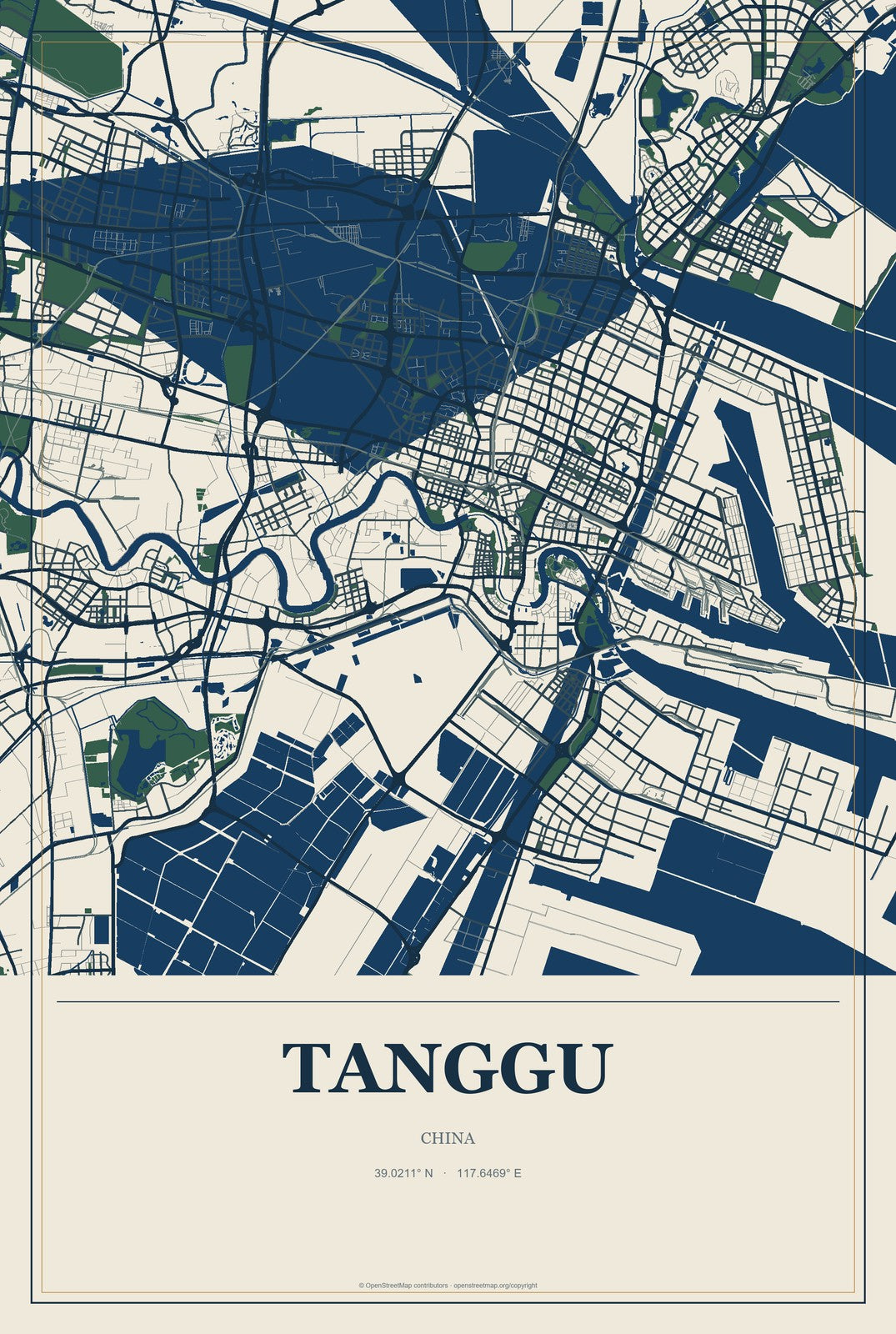 Tanggu, China City Map Aluminum Sign in Coastal Cutout style