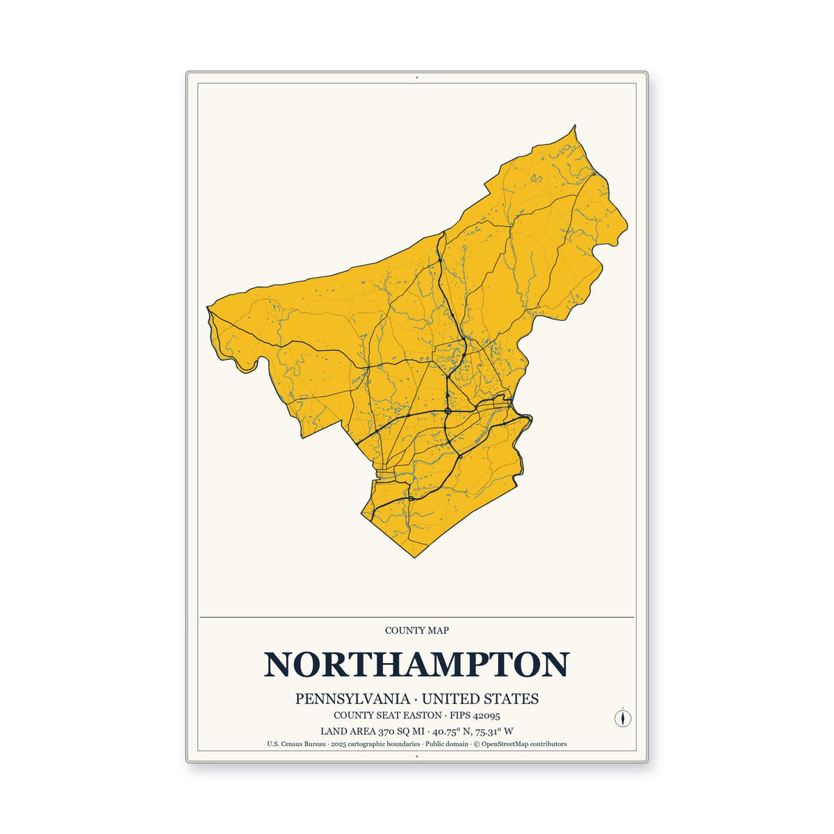 Northampton County, Pennsylvania Map Aluminum Sign in Citrine Modern style