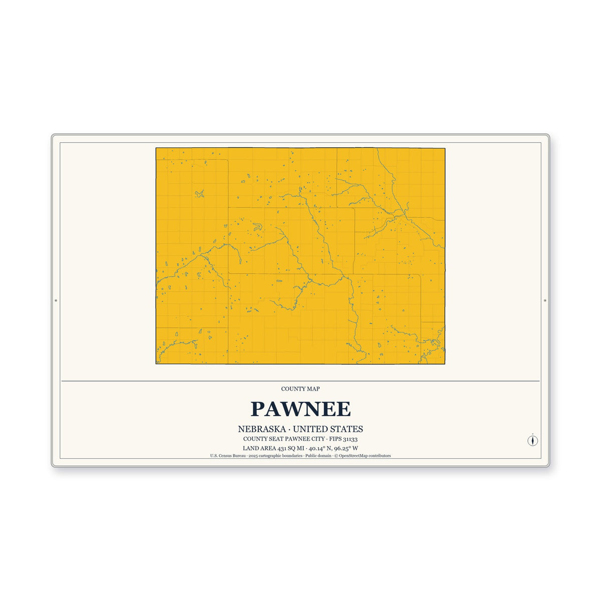Pawnee County, Nebraska Map Aluminum Sign in Citrine Modern style