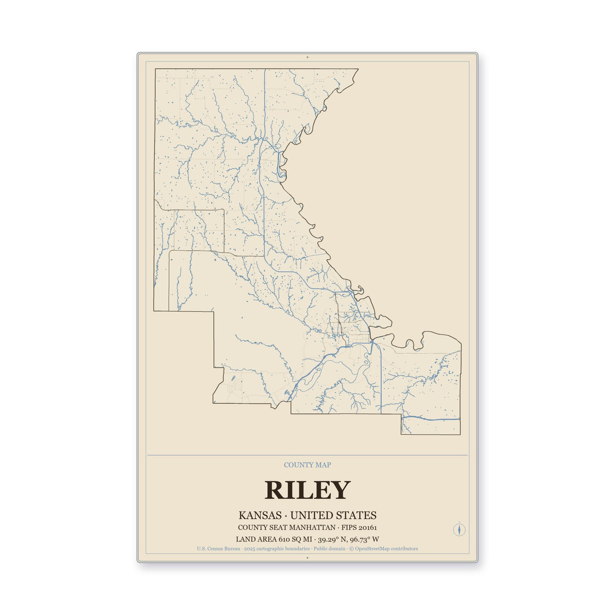 Riley County, Kansas Map Aluminum Sign in Heritage Nautical style
