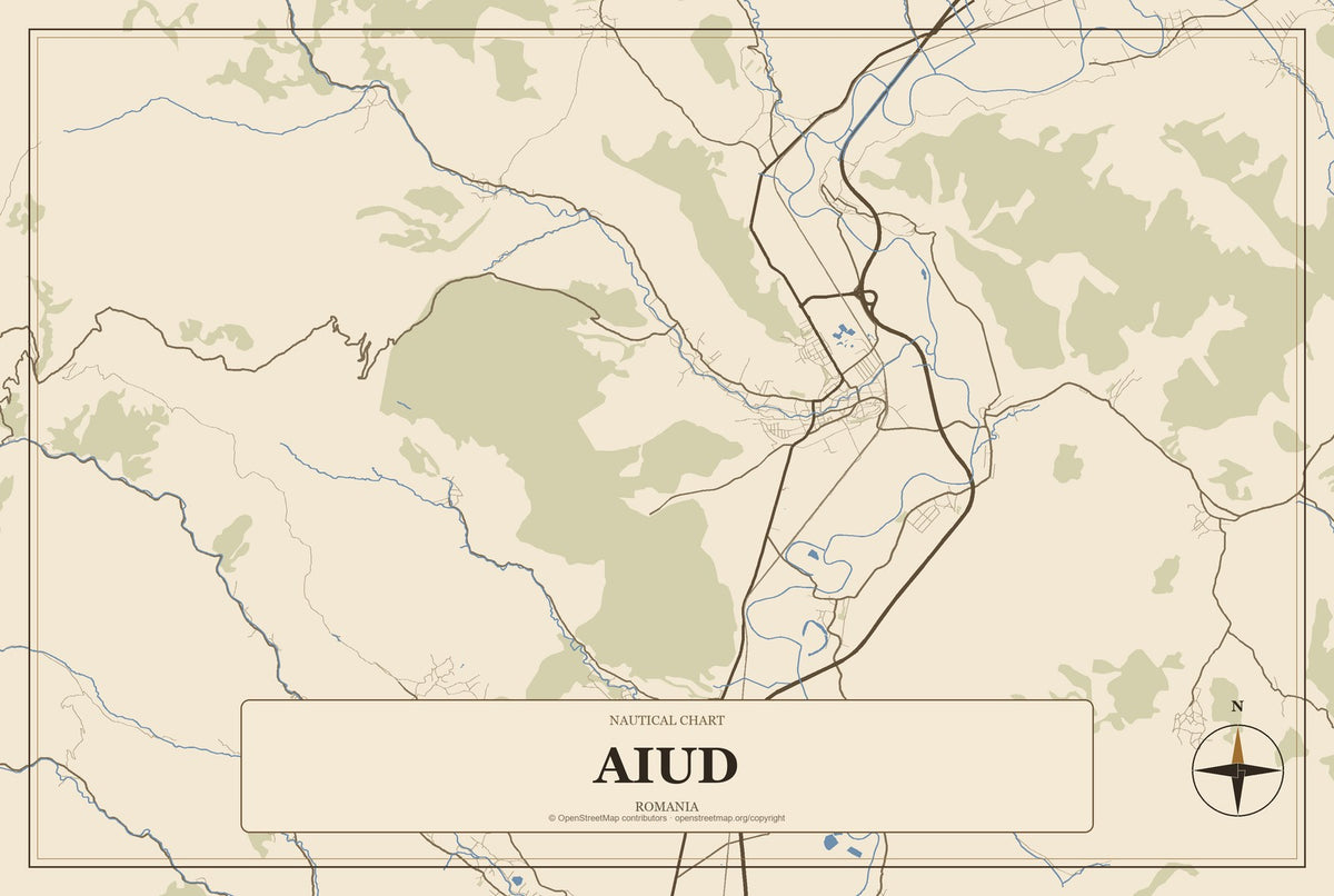 Aiud, Romania City Map Aluminum Sign in Heritage Nautical style
