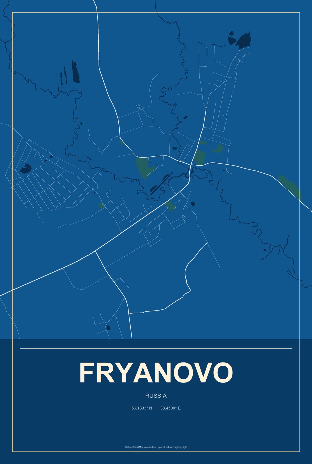 Fryanovo, Russia City Map Aluminum Sign in Harbor Cobalt style