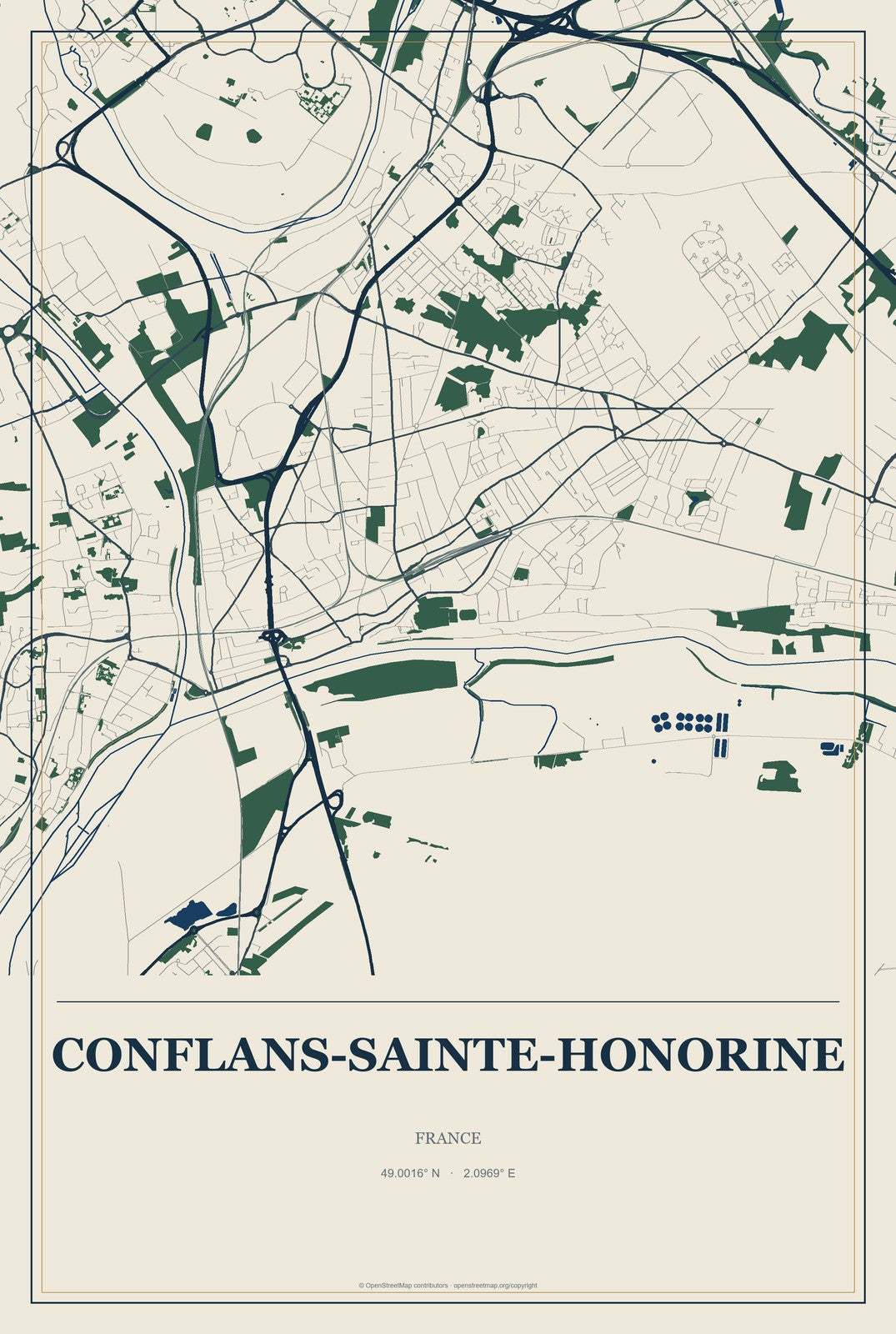 Conflans-Sainte-Honorine, France City Map Aluminum Sign in Coastal Cutout style