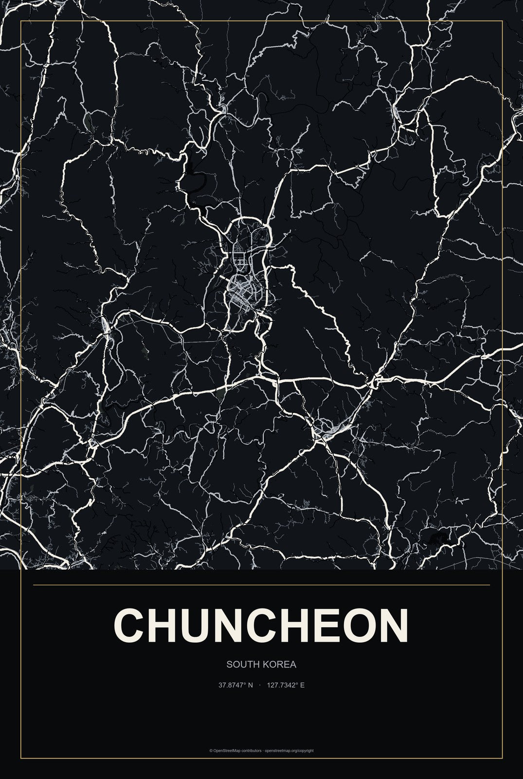 Chuncheon, South Korea City Map Aluminum Sign in Metropolitan Noir style