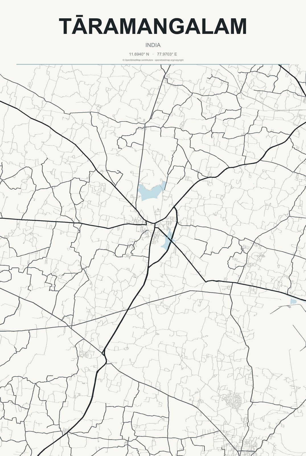 Tāramangalam, India City Map Aluminum Sign in Headline Atlas style
