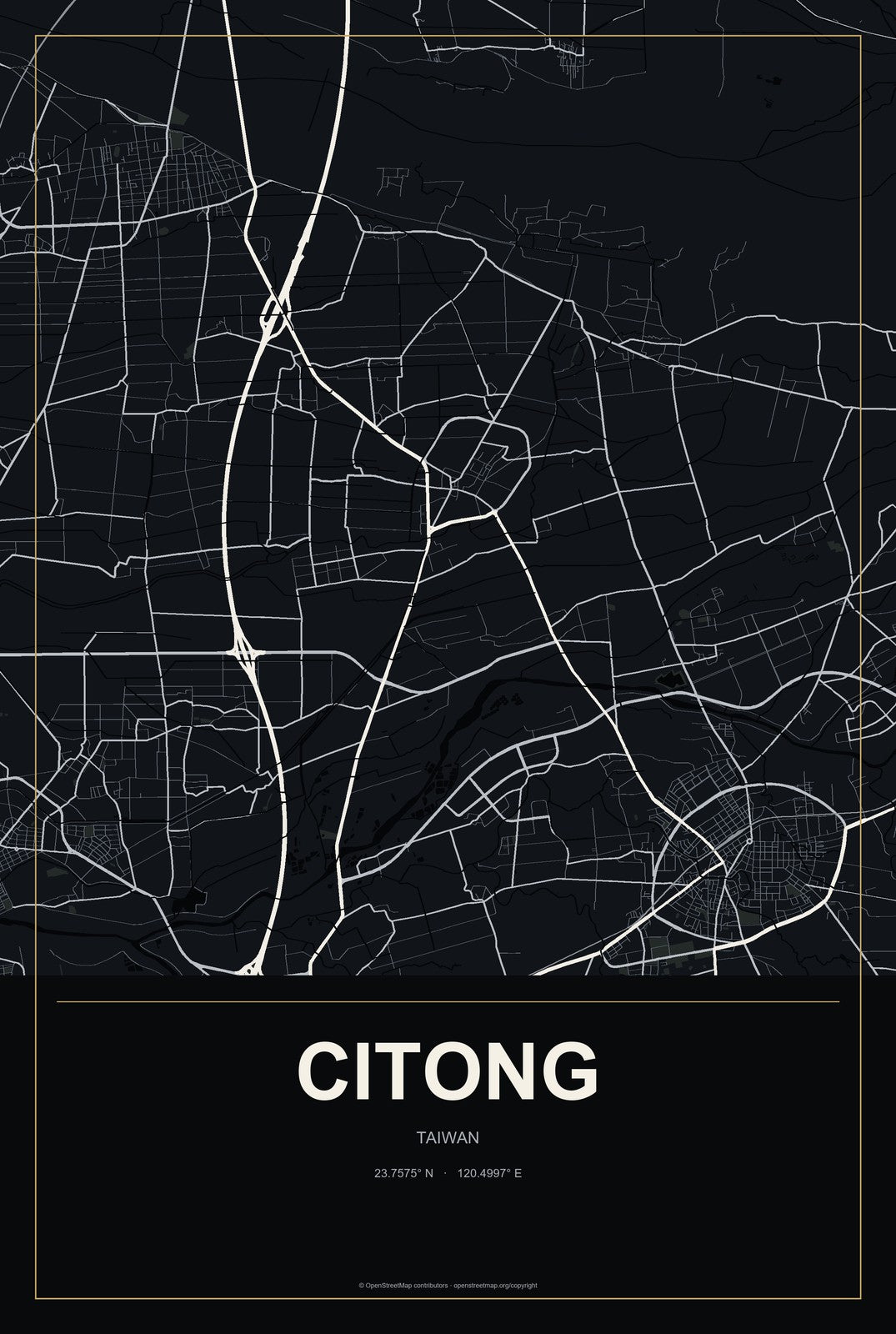 Citong, Taiwan City Map Aluminum Sign in Metropolitan Noir style