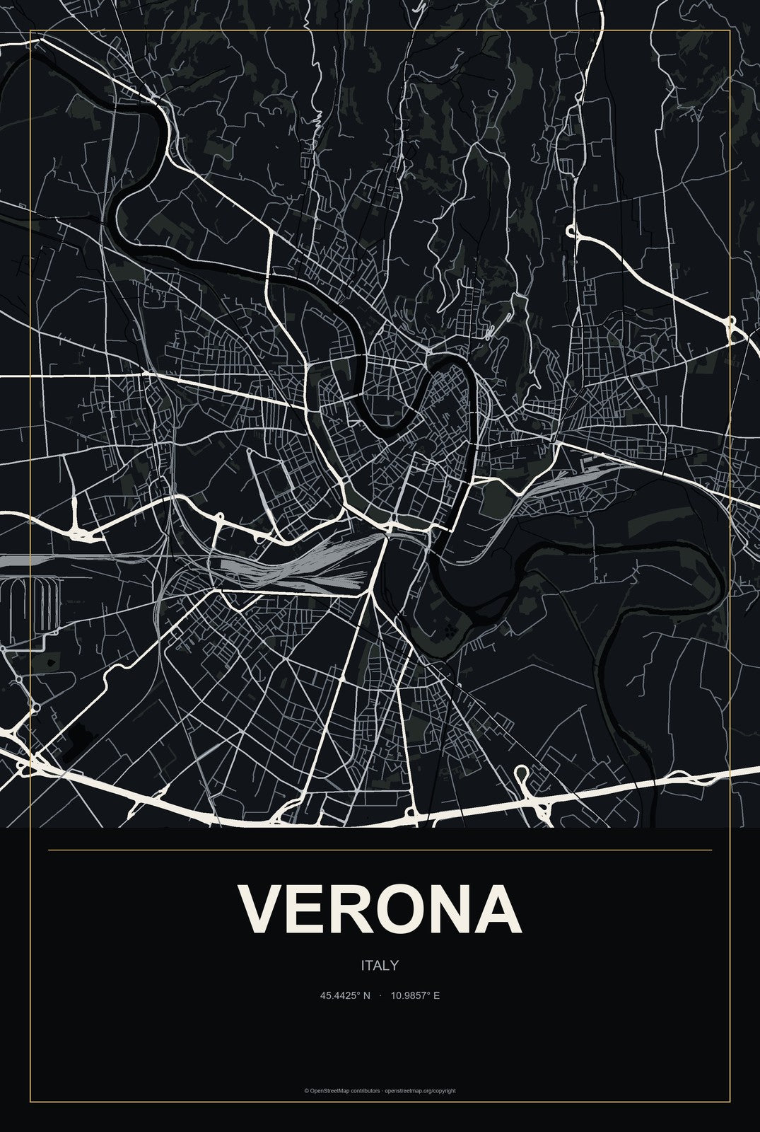 Verona, Italy City Map Aluminum Sign in Metropolitan Noir style