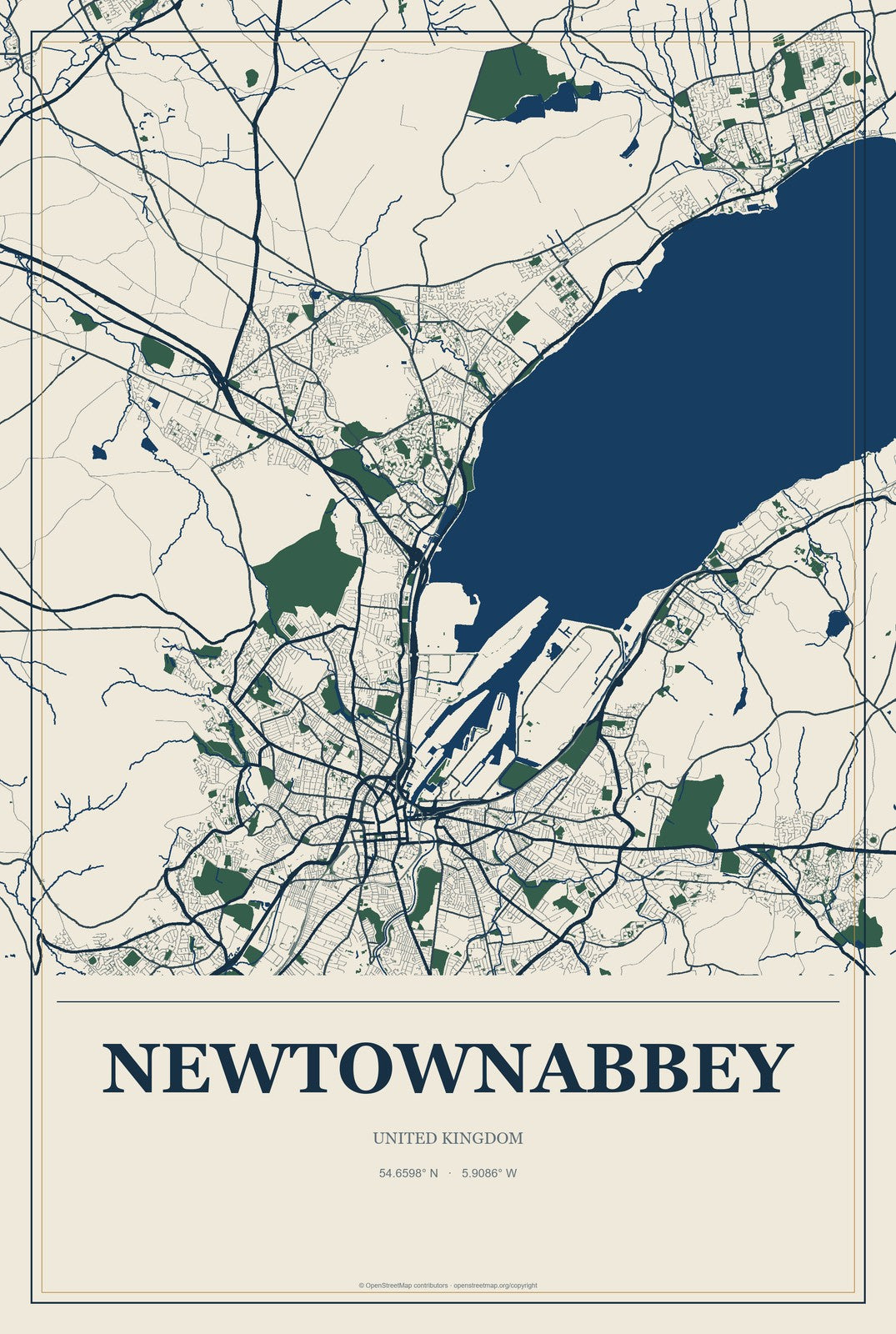 Newtownabbey, United Kingdom City Map Aluminum Sign in Coastal Cutout style