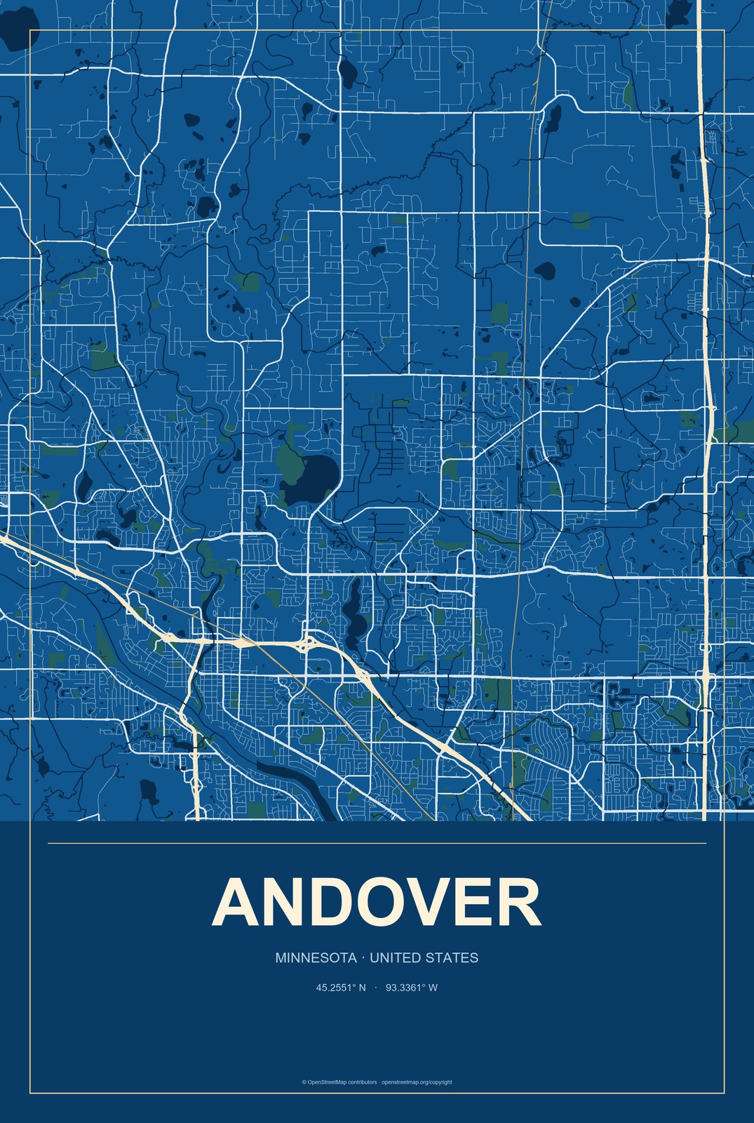 Andover, Minnesota City Map Aluminum Sign in Harbor Cobalt style
