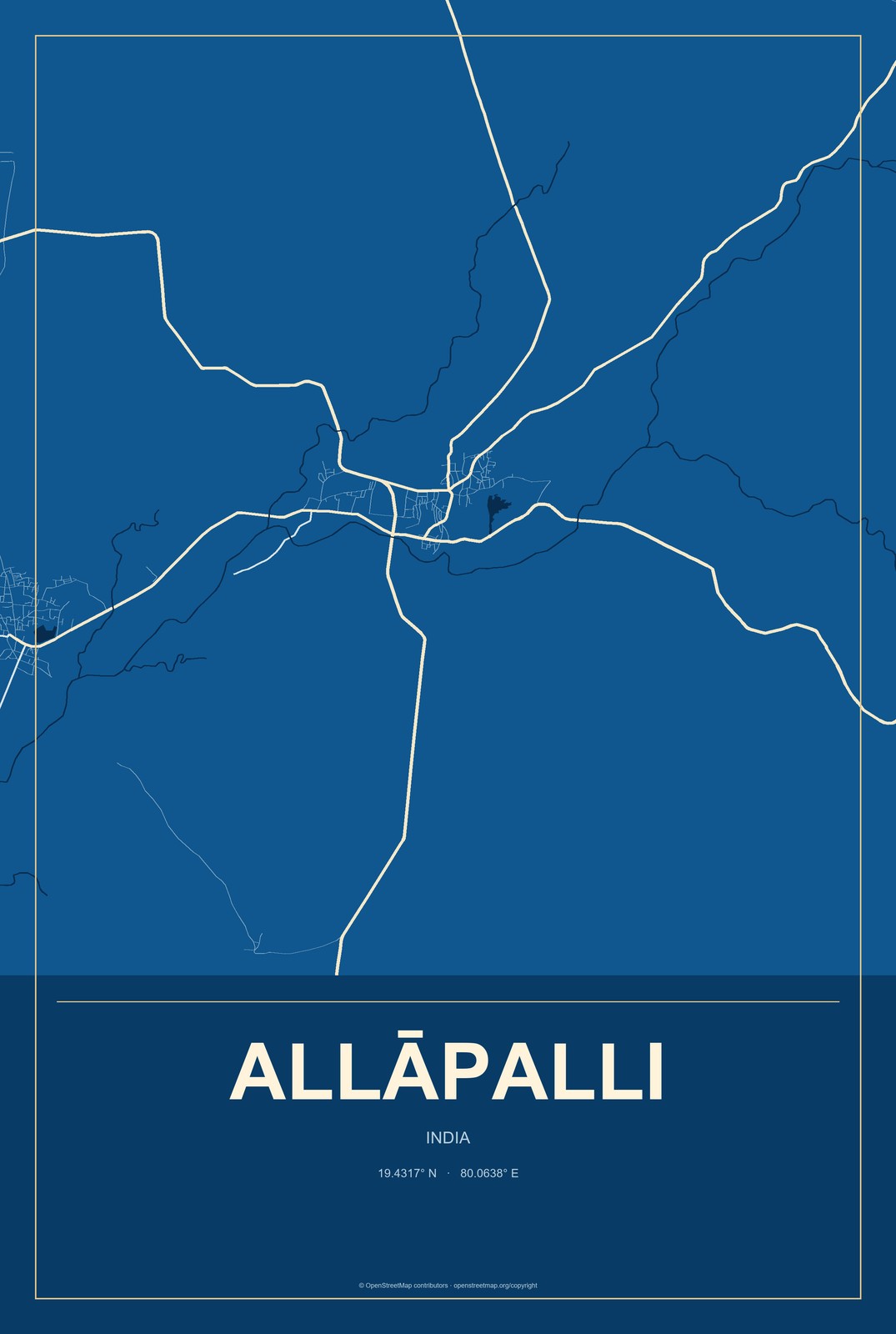 Allāpalli, India City Map Aluminum Sign in Harbor Cobalt style