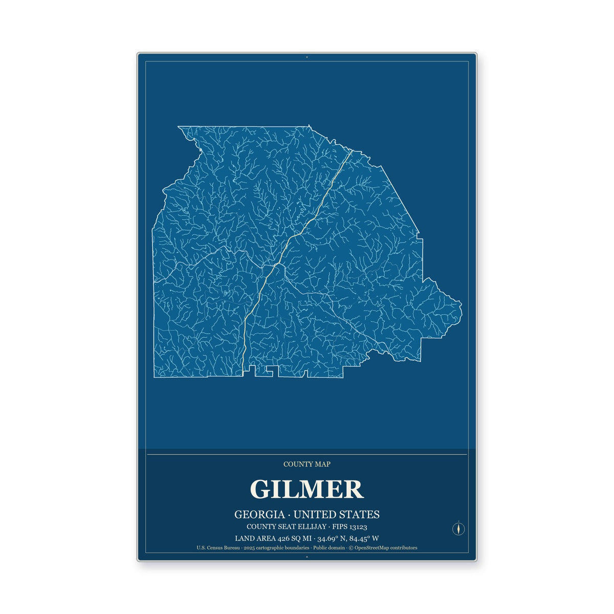 Gilmer County, Georgia Map Aluminum Sign in Harbor Cobalt style