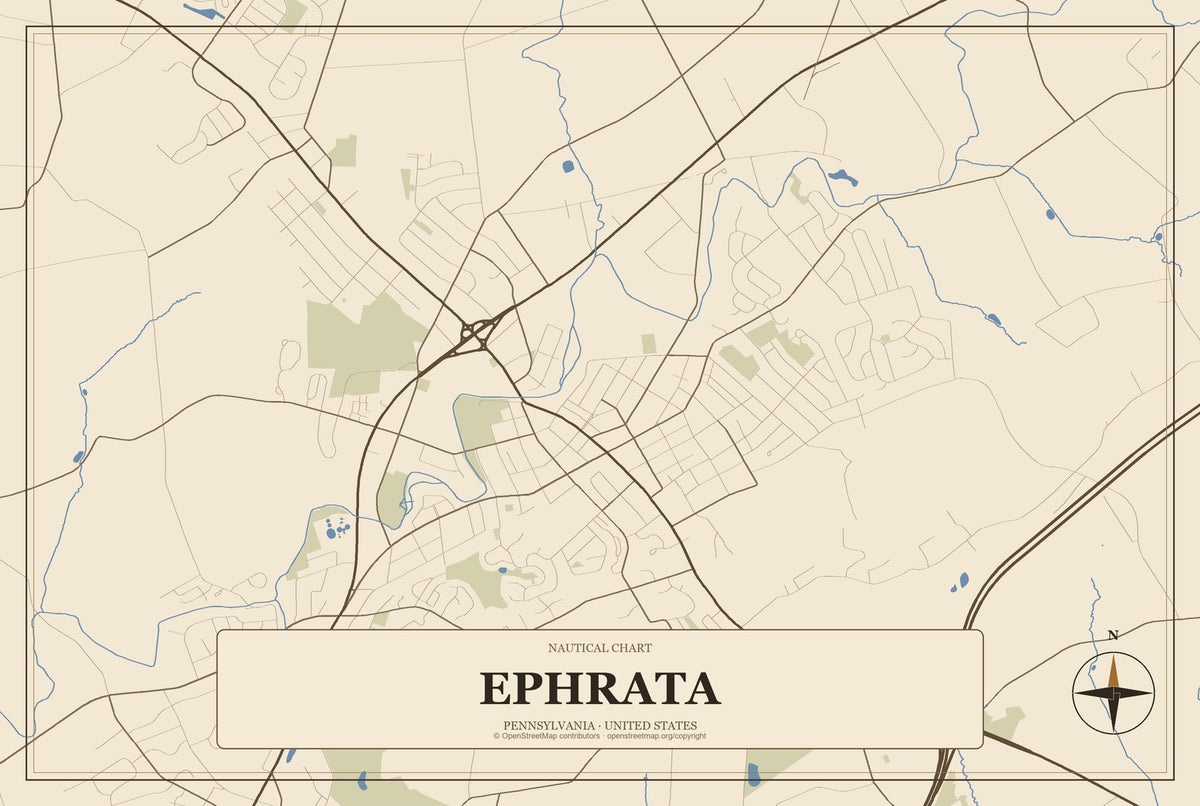 Ephrata, Pennsylvania City Map Aluminum Sign in Heritage Nautical style