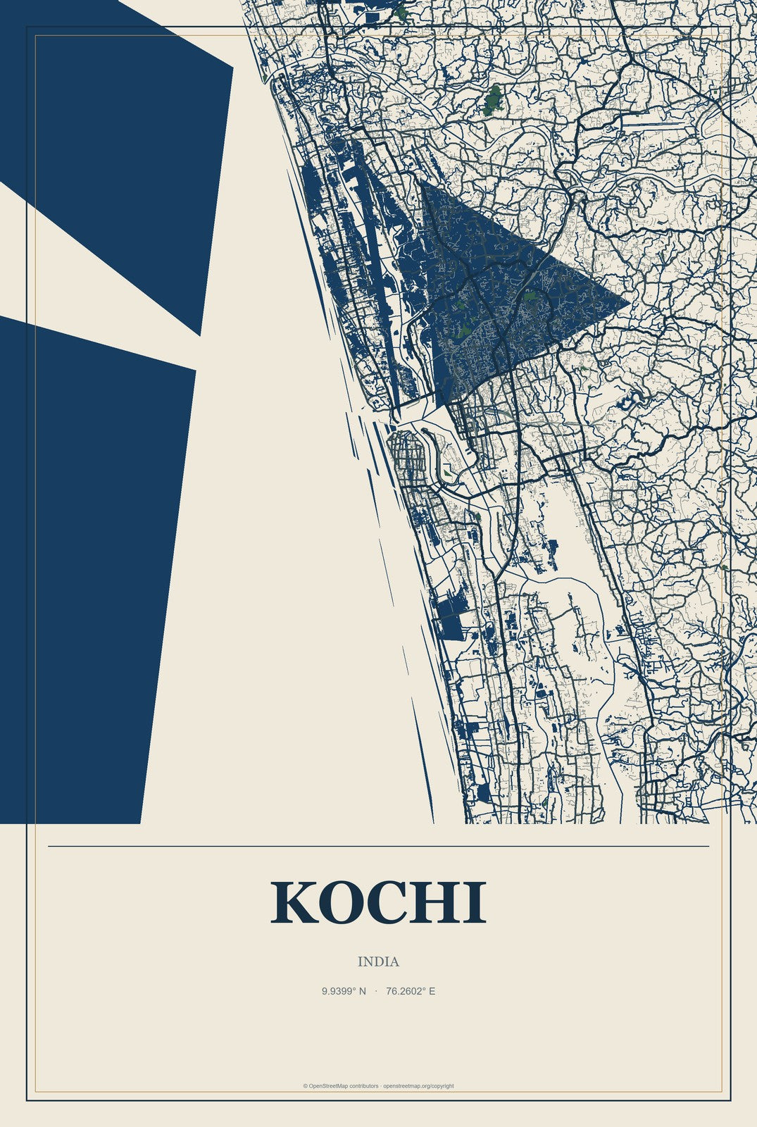 Kochi, India City Map Aluminum Sign in Coastal Cutout style