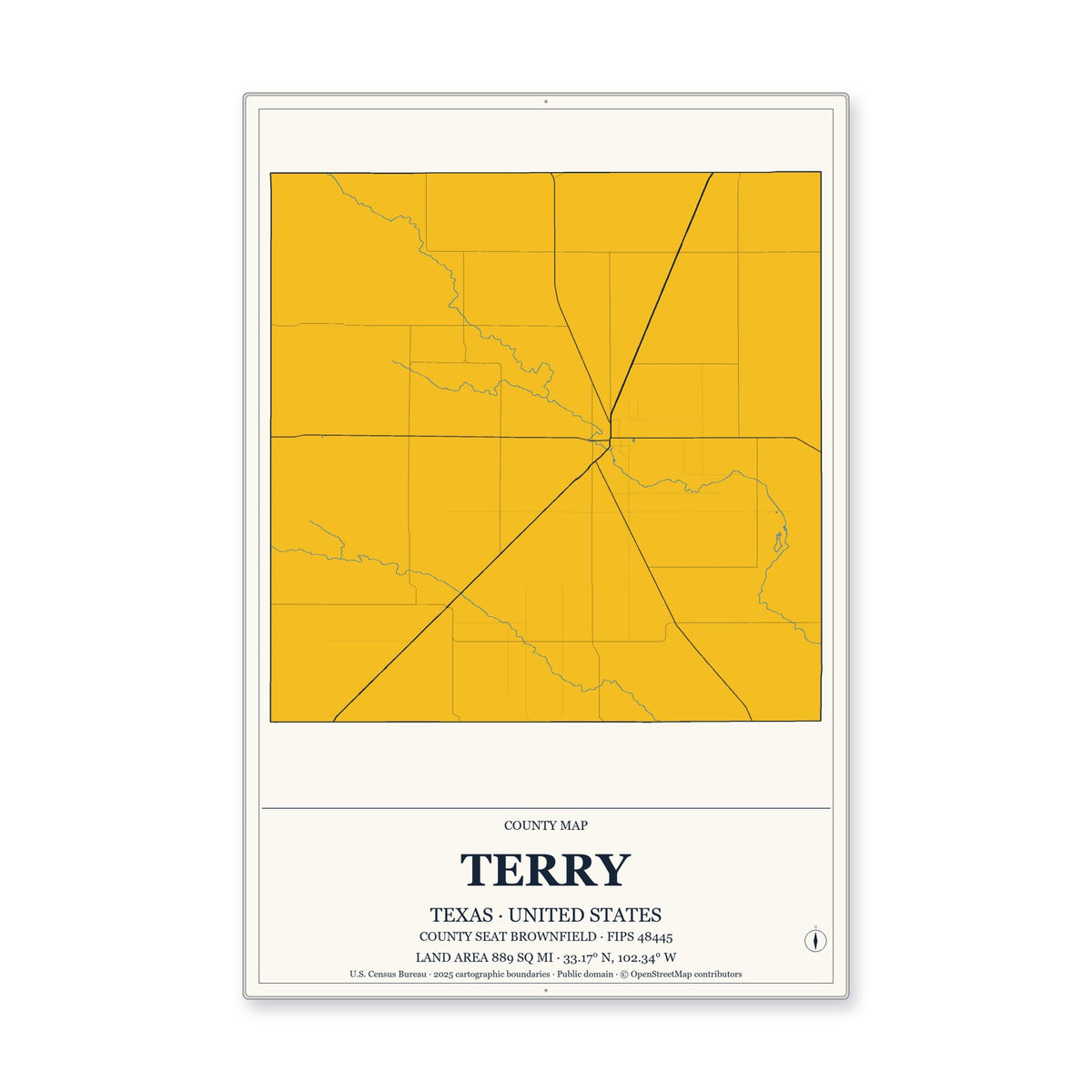 Terry County, Texas Map Aluminum Sign in Citrine Modern style