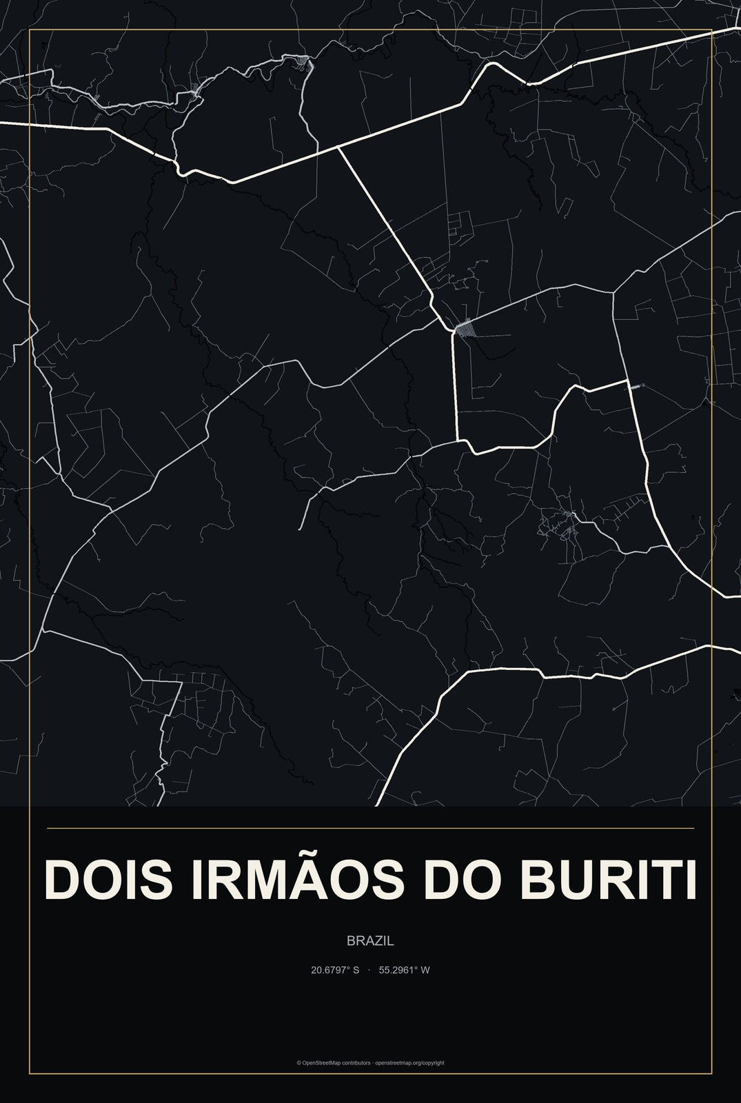 Dois Irmãos do Buriti, Brazil City Map Aluminum Sign in Metropolitan Noir style