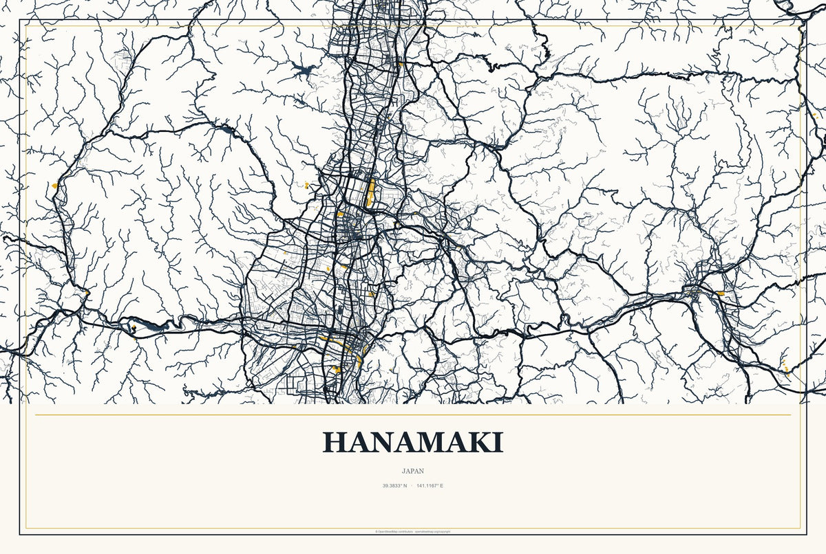 Hanamaki, Japan City Map Aluminum Sign in Citrine Modern style