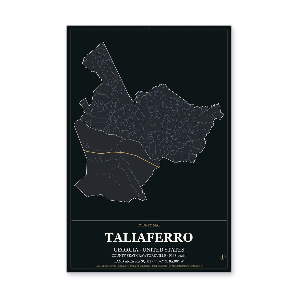 Taliaferro County, Georgia Map Aluminum Sign in Metropolitan Noir style