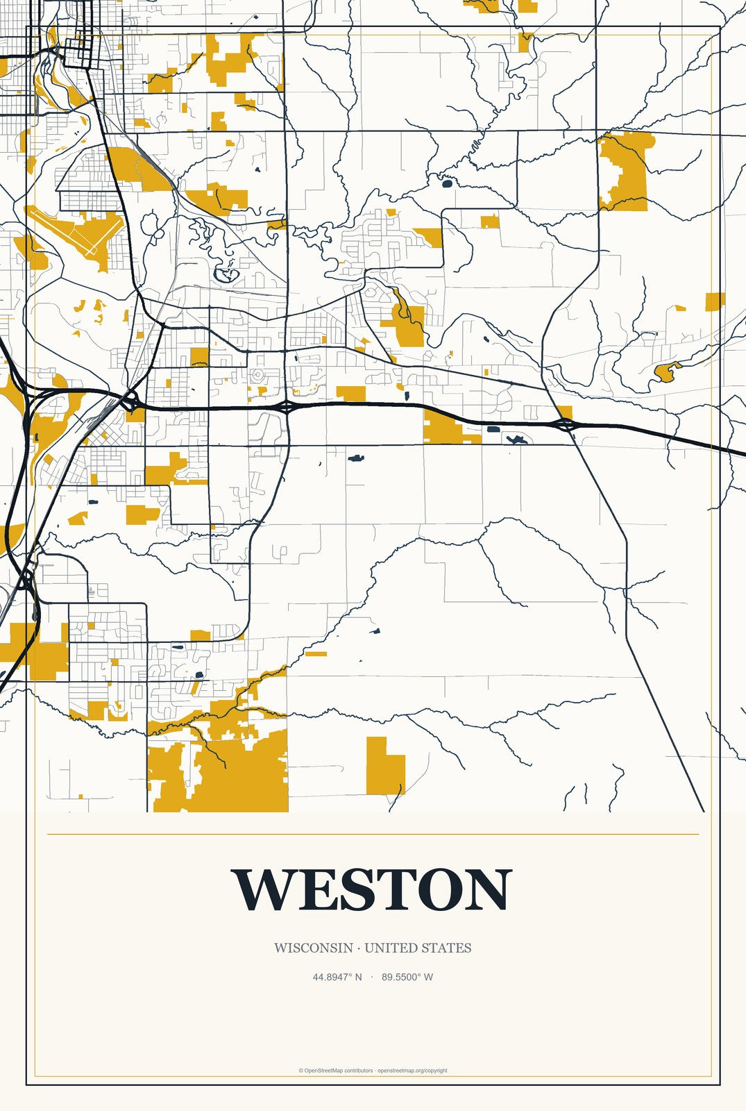 Weston, Wisconsin City Map Aluminum Sign in Citrine Modern style