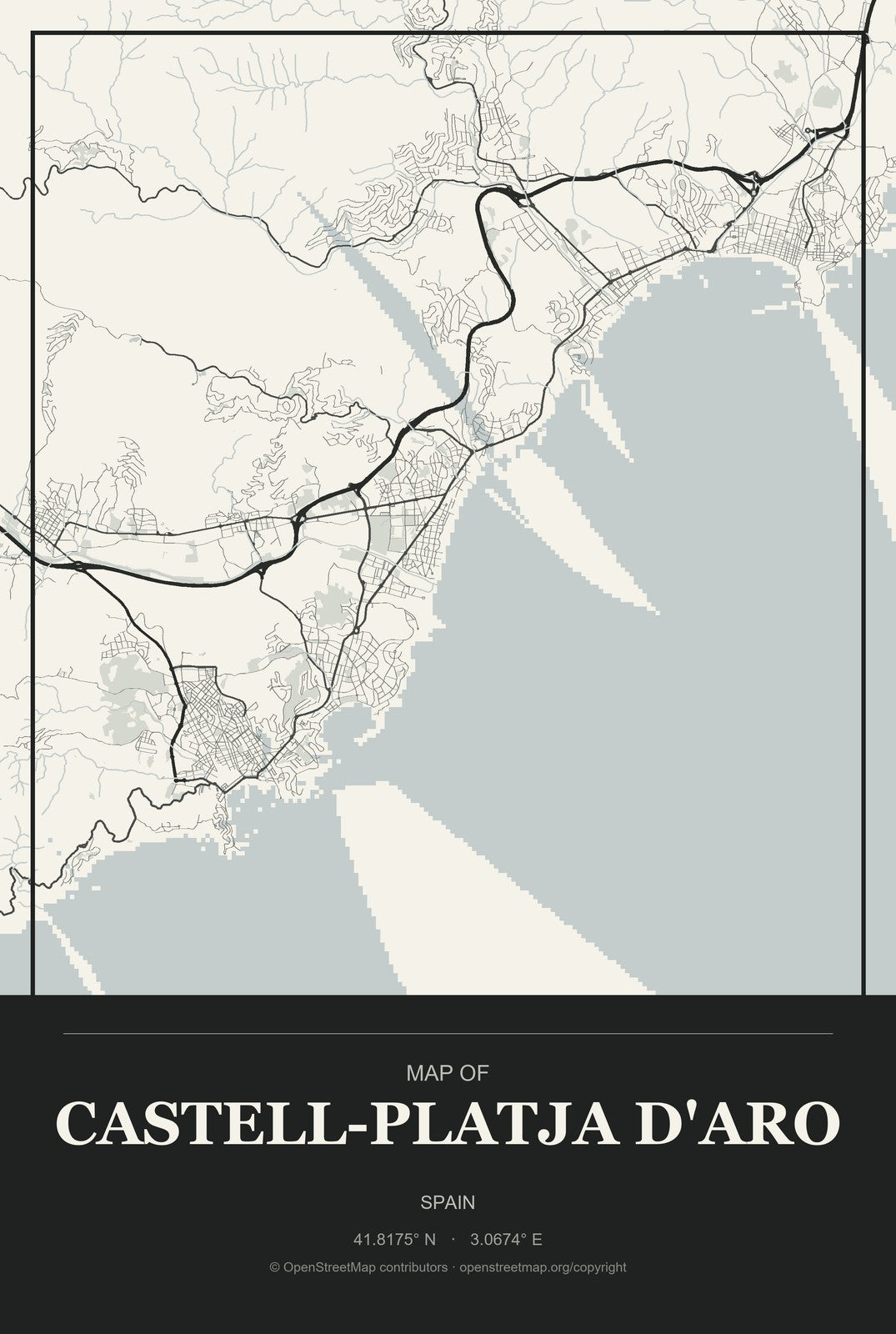 Castell-Platja d'Aro, Spain City Map Aluminum Sign in Museum Plaque style