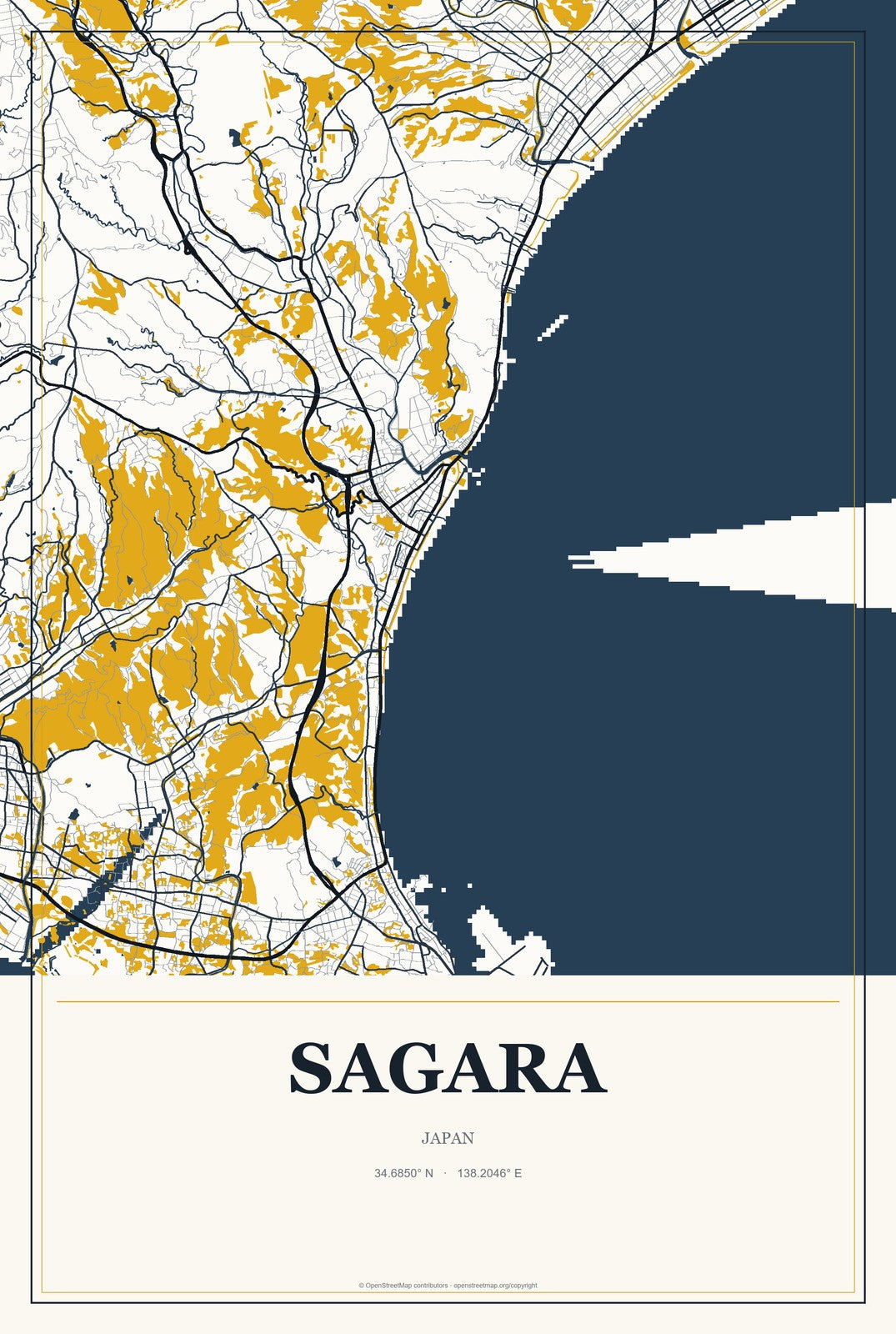 Sagara, Japan City Map Aluminum Sign in Citrine Modern style