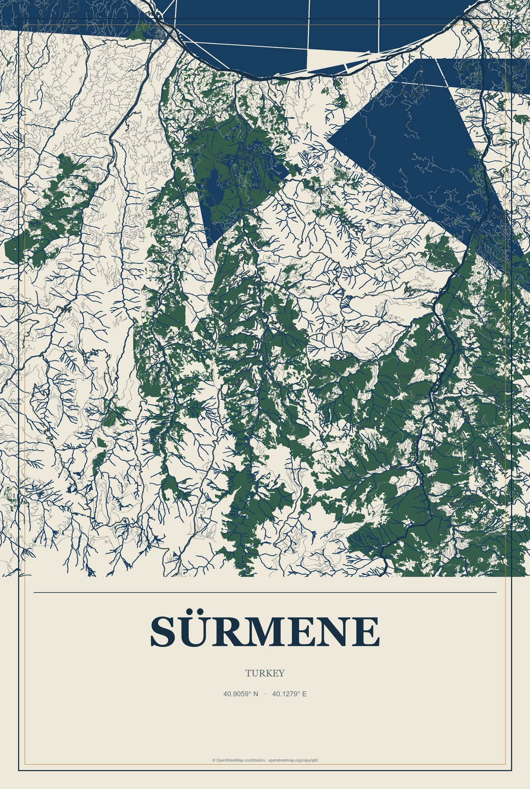 Sürmene, Turkey City Map Aluminum Sign in Coastal Cutout style