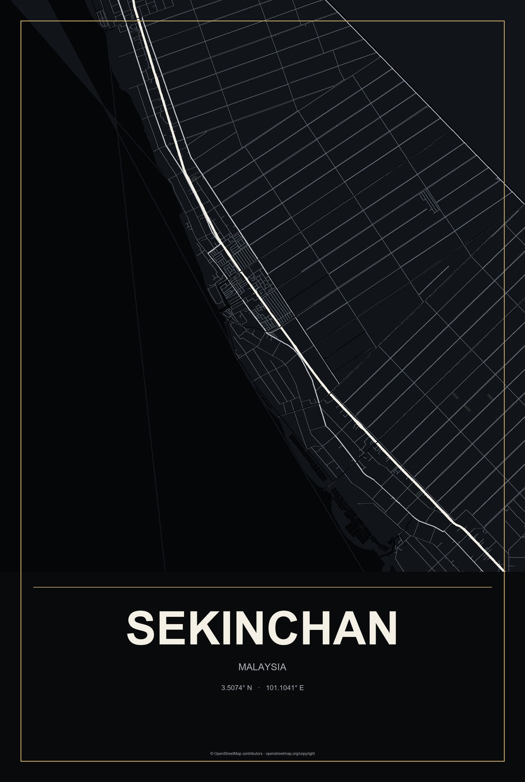 Sekinchan, Malaysia City Map Aluminum Sign in Metropolitan Noir style