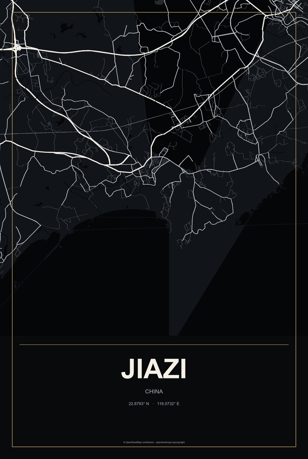 Jiazi, China City Map Aluminum Sign in Metropolitan Noir style